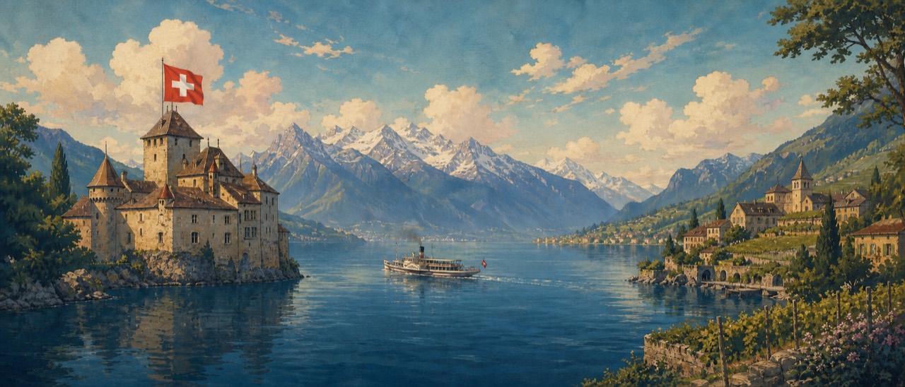 Illustration peinte : un château au bord d'un lac alpin, drapeau suisse au vent