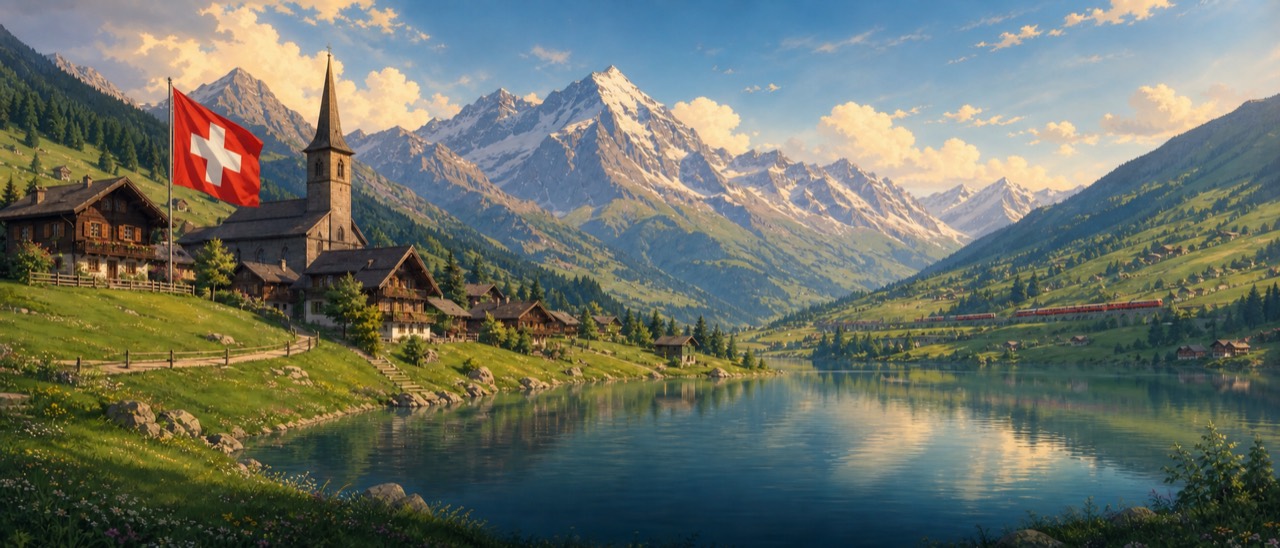 Illustration peinte : un village de montagne au bord d'un lac, un train rouge dans la vallée