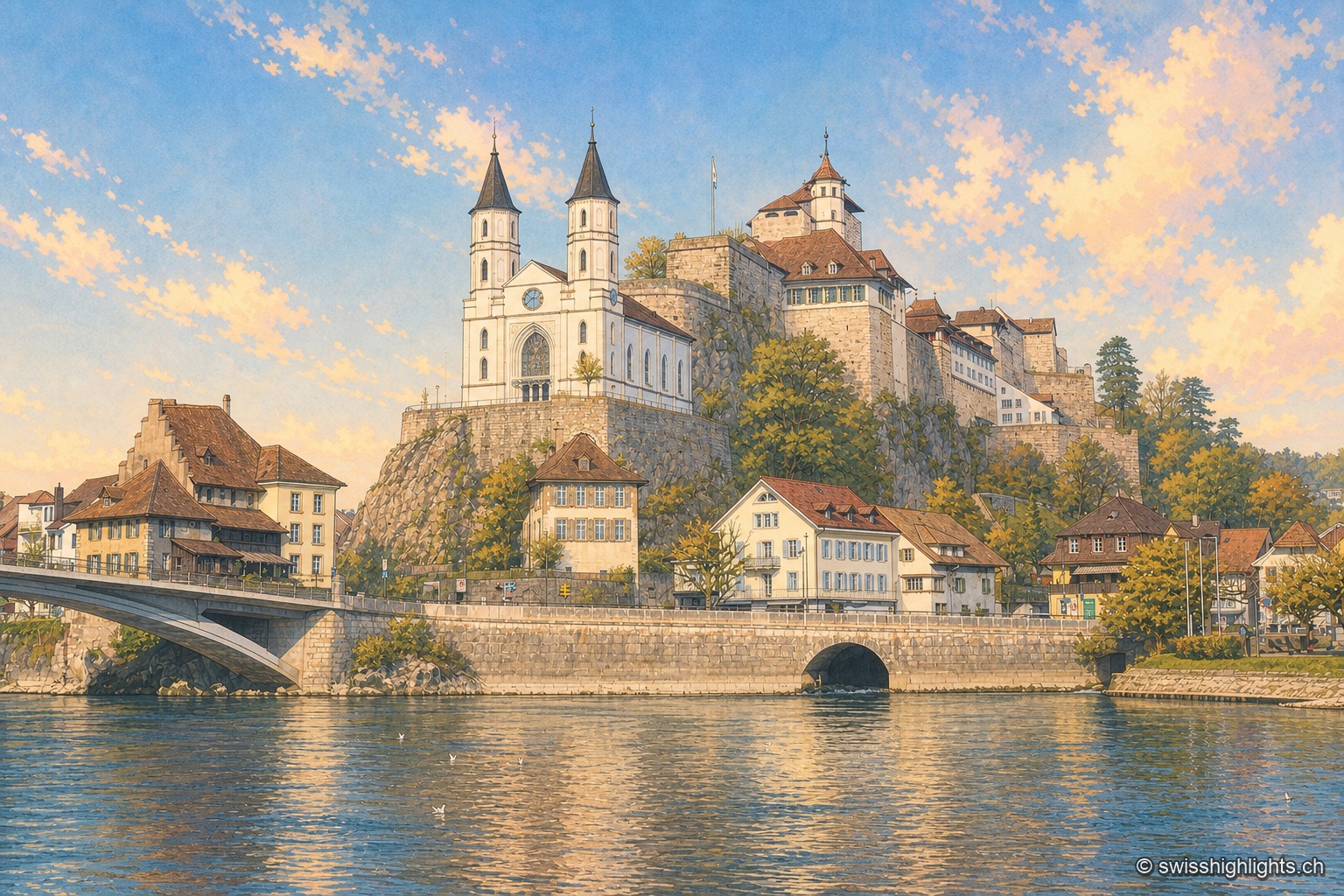 Aarburg vue depuis la rive de l'Aar : l'église réformée blanche à deux clochers noirs se dresse sur son éperon rocheux, la forteresse et ses longs bâtiments occupent la crête au-dessus, et les maisons du bourg s'alignent au bord de la rivière sous un ciel bleu d'hiver.