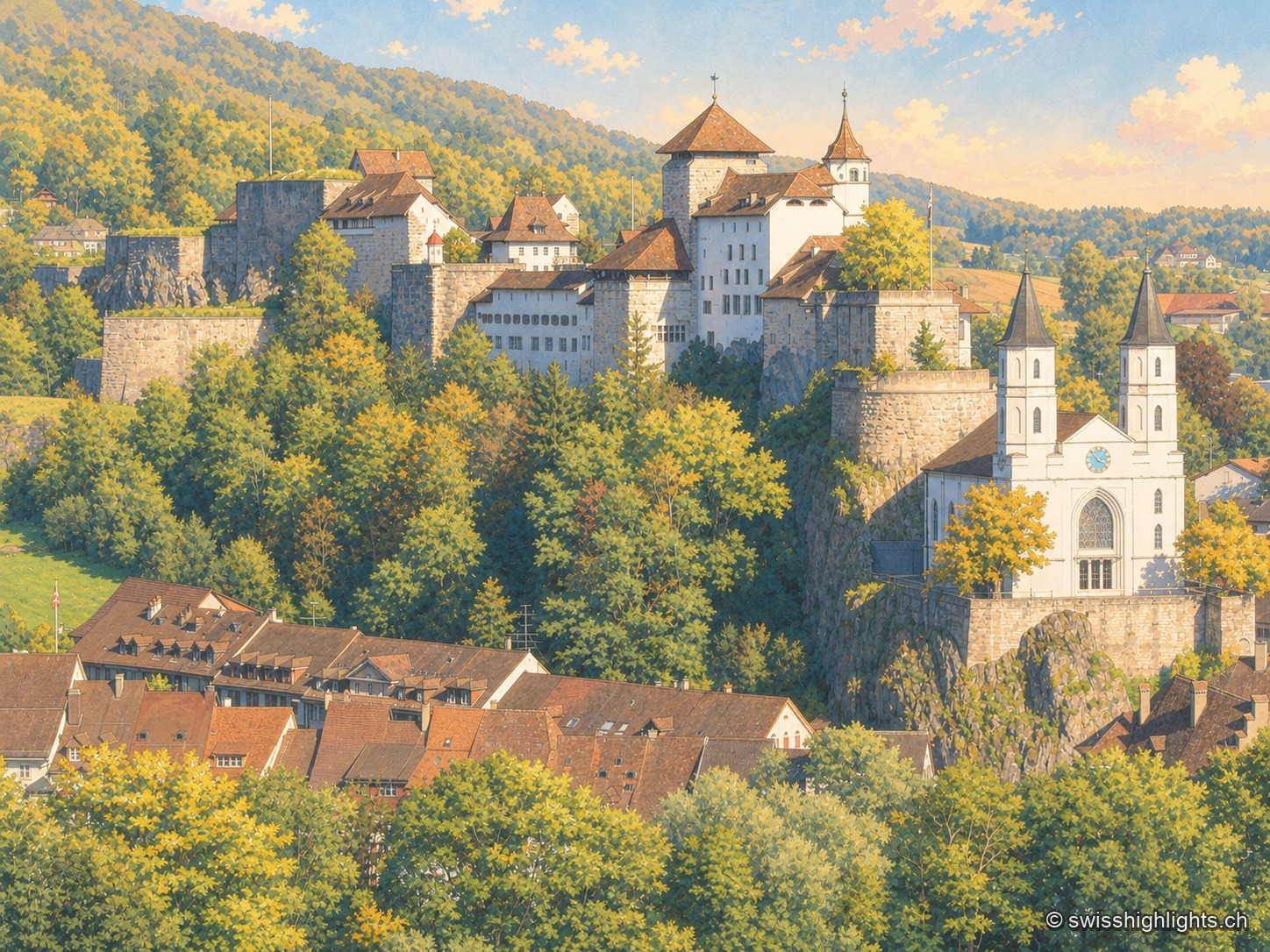 Aarburg vue depuis la rive de l'Aar : l'église réformée blanche à deux clochers noirs se dresse sur son éperon rocheux, la forteresse et ses longs bâtiments occupent la crête au-dessus, et les maisons du bourg s'alignent au bord de la rivière sous un ciel bleu d'hiver.