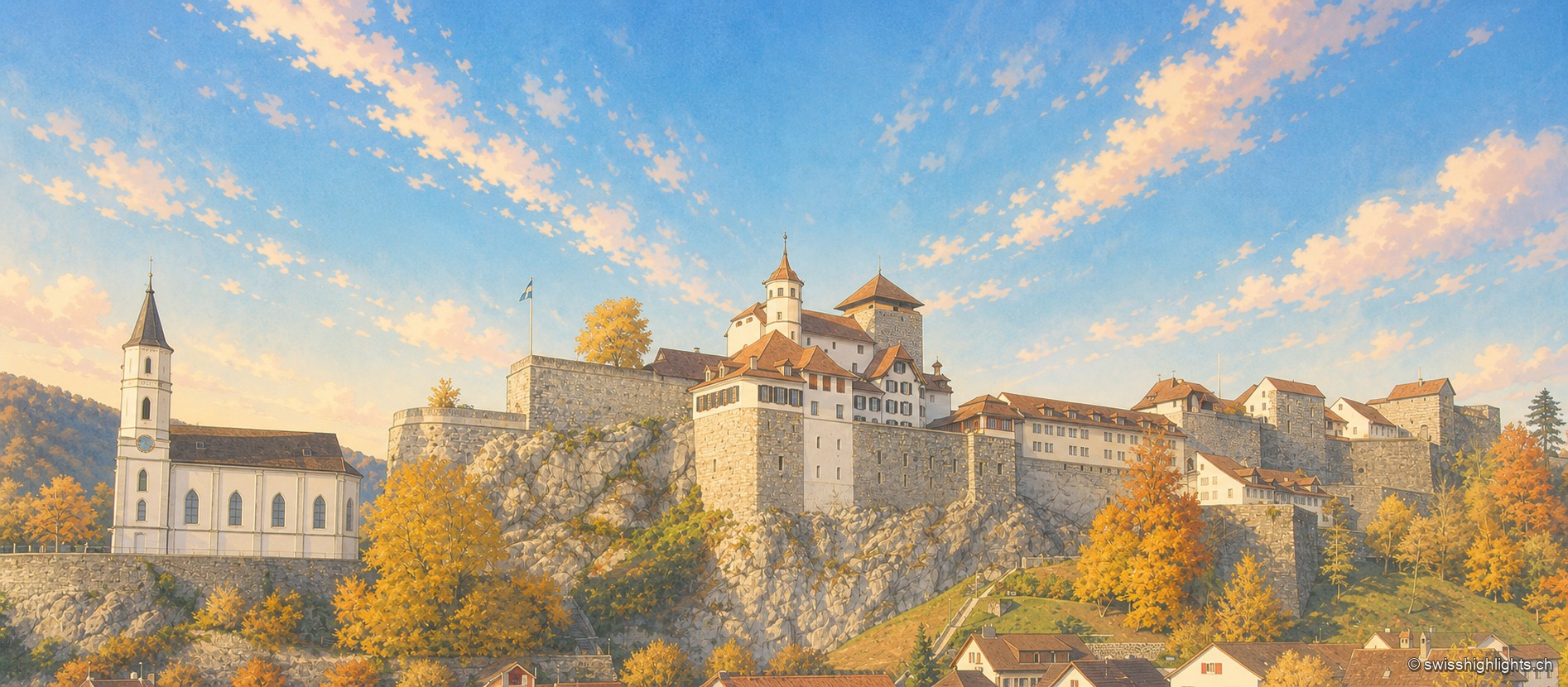 Aarburg vue depuis la rive de l'Aar : l'église réformée blanche à deux clochers noirs se dresse sur son éperon rocheux, la forteresse et ses longs bâtiments occupent la crête au-dessus, et les maisons du bourg s'alignent au bord de la rivière sous un ciel bleu d'hiver.