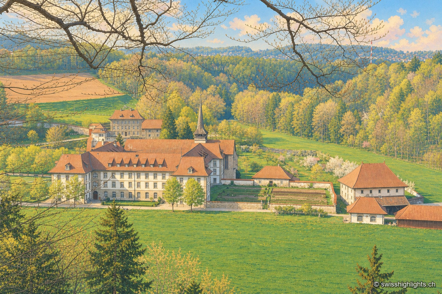L'abbaye d'Hauterive vue depuis un versant boisé au sud : les longs bâtiments conventuels blancs aux toits bruns et la flèche de l'église occupent le fond d'un vallon de prés au printemps, entourés de forêt, avec les jardins et la ferme de l'abbaye à droite.