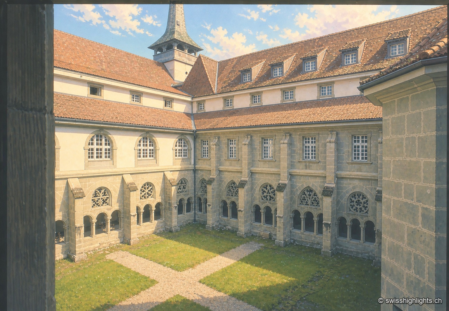 L'abbaye d'Hauterive vue depuis un versant boisé au sud : les longs bâtiments conventuels blancs aux toits bruns et la flèche de l'église occupent le fond d'un vallon de prés au printemps, entourés de forêt, avec les jardins et la ferme de l'abbaye à droite.