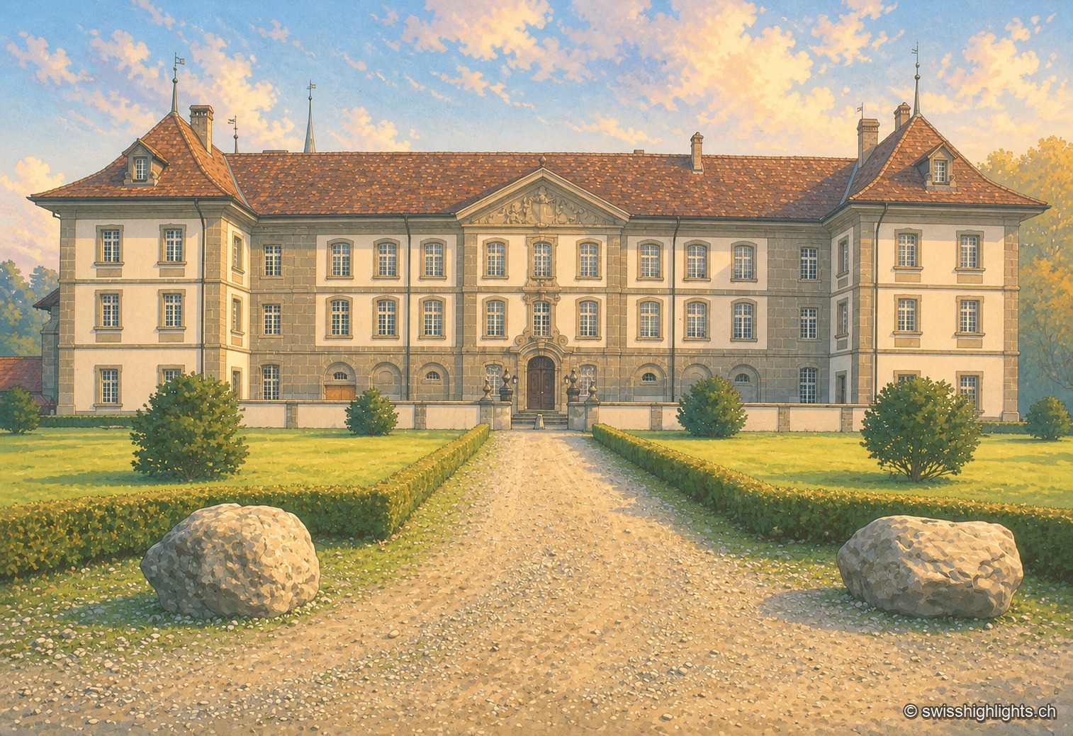 L'abbaye d'Hauterive vue depuis un versant boisé au sud : les longs bâtiments conventuels blancs aux toits bruns et la flèche de l'église occupent le fond d'un vallon de prés au printemps, entourés de forêt, avec les jardins et la ferme de l'abbaye à droite.