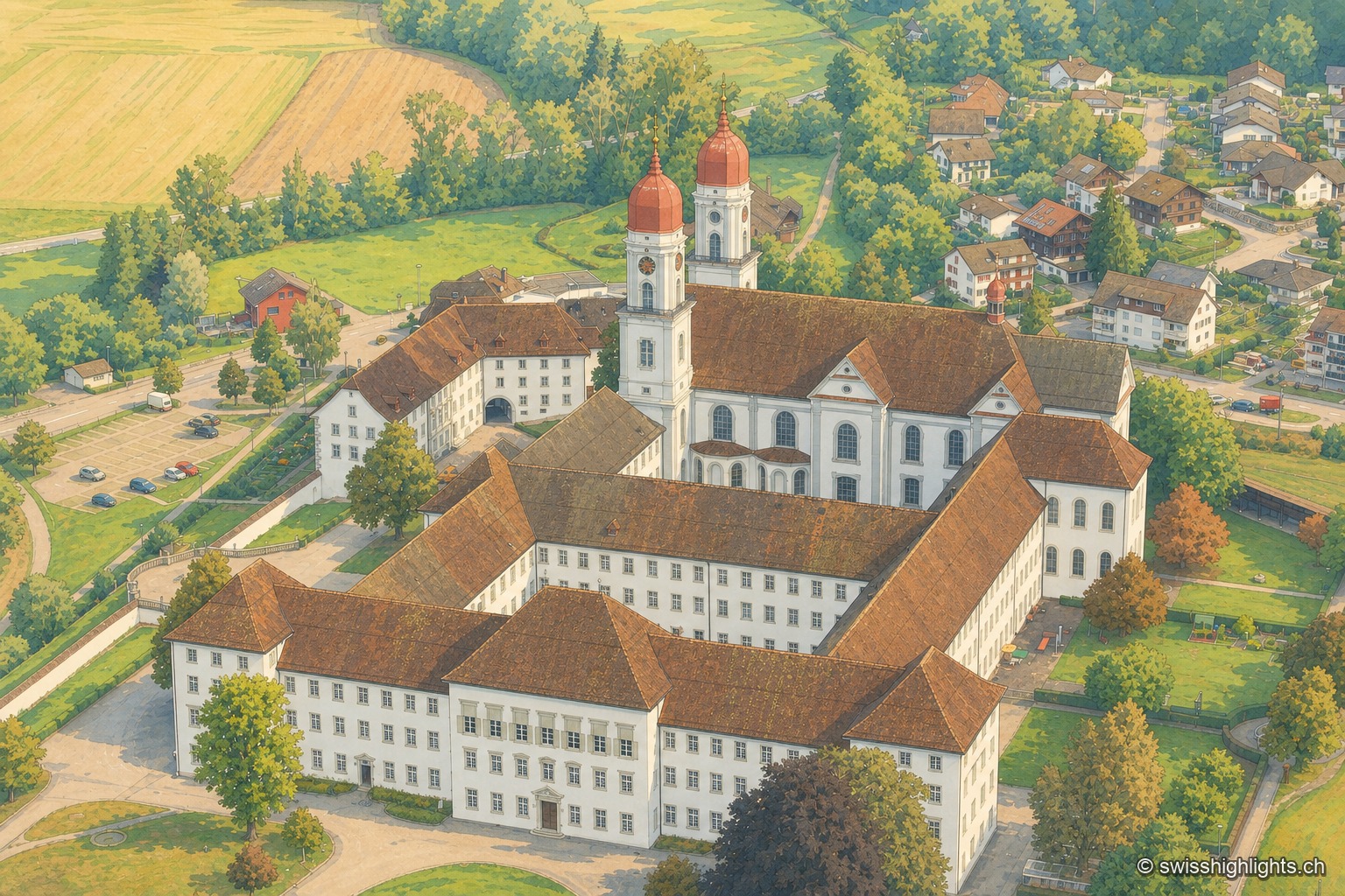 Vue aérienne de l'ancienne abbaye de Saint-Urbain : l'église baroque à deux tours coiffées de bulbes rouges se dresse au centre, entourée des longs bâtiments conventuels blancs disposés autour de deux cours, avec le village et les champs alentour.