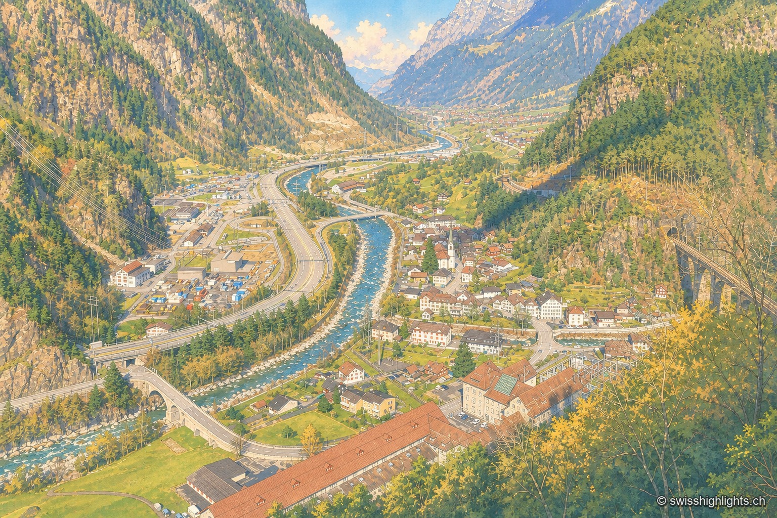 Vue plongeante sur Amsteg depuis un versant boisé : le village et son clocher occupent le fond de la vallée de la Reuss, la rivière aux bancs de gravier le traverse, l'autoroute et la route longent la rive gauche et le viaduc ferroviaire du Gothard franchit le ravin à droite, entre des versants raides.