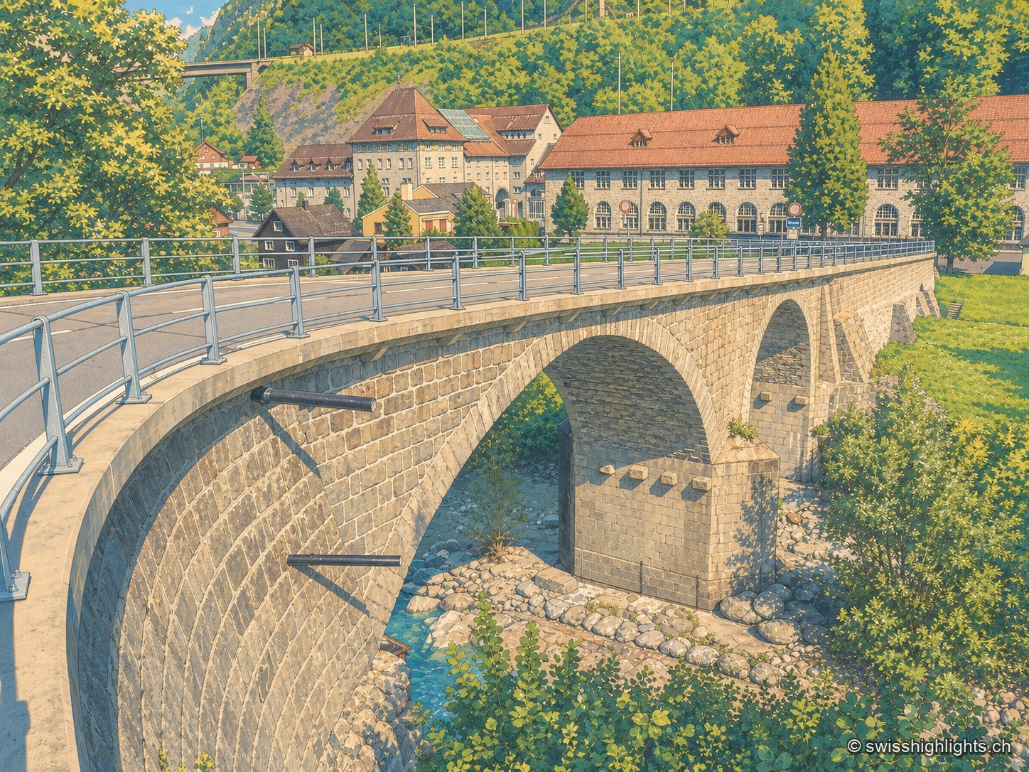 Vue plongeante sur Amsteg depuis un versant boisé : le village et son clocher occupent le fond de la vallée de la Reuss, la rivière aux bancs de gravier le traverse, l'autoroute et la route longent la rive gauche et le viaduc ferroviaire du Gothard franchit le ravin à droite, entre des versants raides.