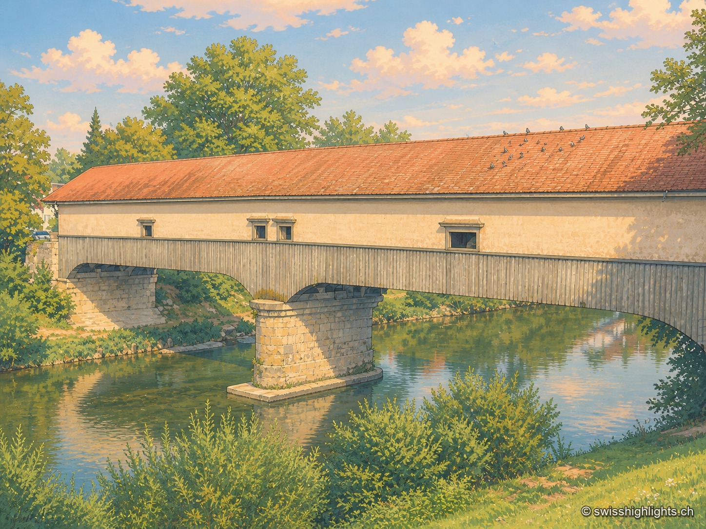 Le pont de bois couvert vu depuis la berge, de trois quarts : un long bardage de planches grises et un toit de tuiles rouges traversent tout le cadre, portés par une pile de pierre plantée au milieu de la Thur ; l'eau verte et calme renvoie l'arche et la végétation des rives, et des oiseaux se sont posés en file sur le faîte du toit.