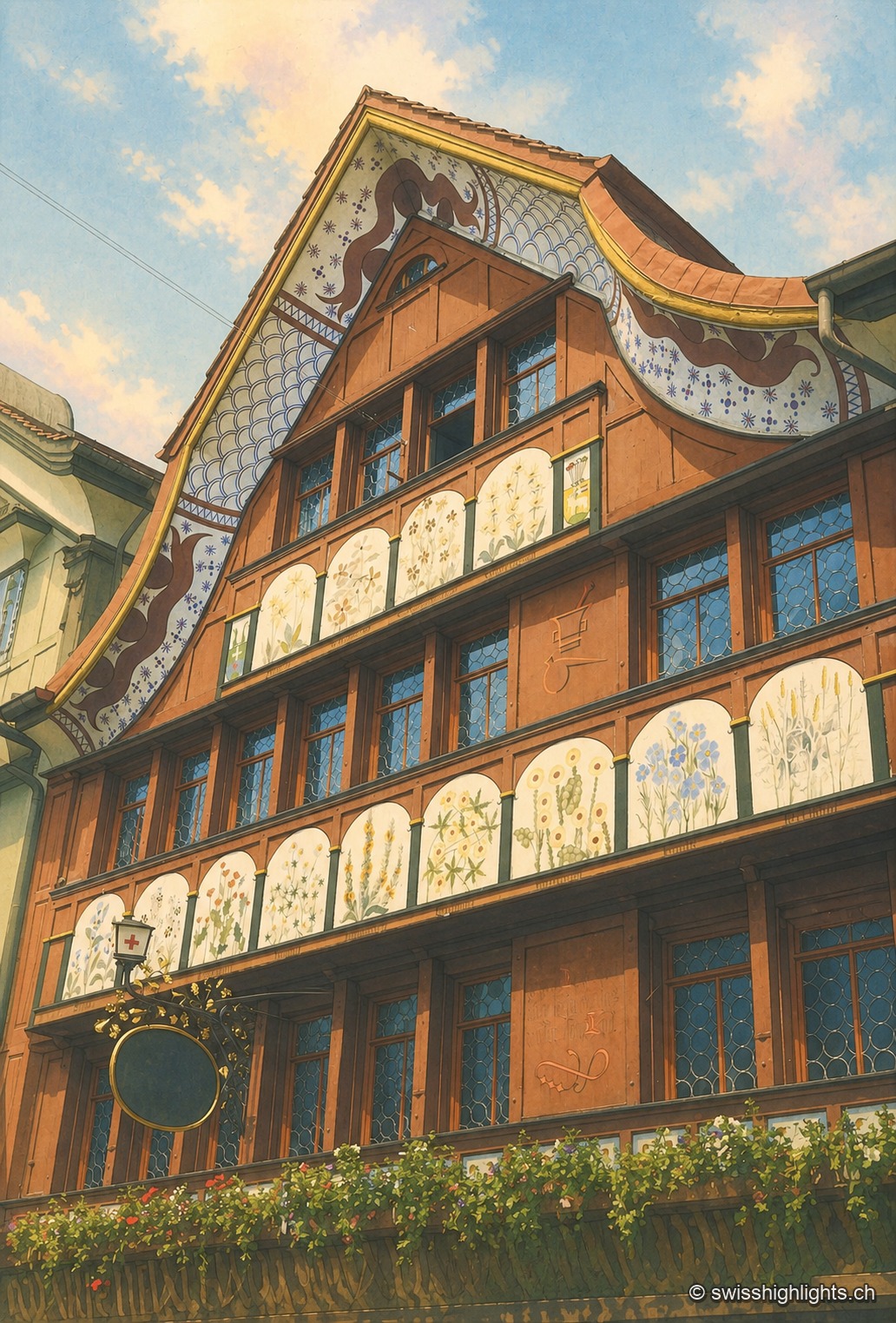 Le pignon peint de la maison de la pharmacie d'Appenzell, vu d'en bas : la rive de toit dessine une courbe inversée soulignée d'écailles bleues sur fond blanc, deux registres de panneaux blancs portent chacun une plante peinte, les fenêtres à petits carreaux et vitraux ronds occupent l'entre-deux, et des jardinières fleuries ferment le bas du cadre.