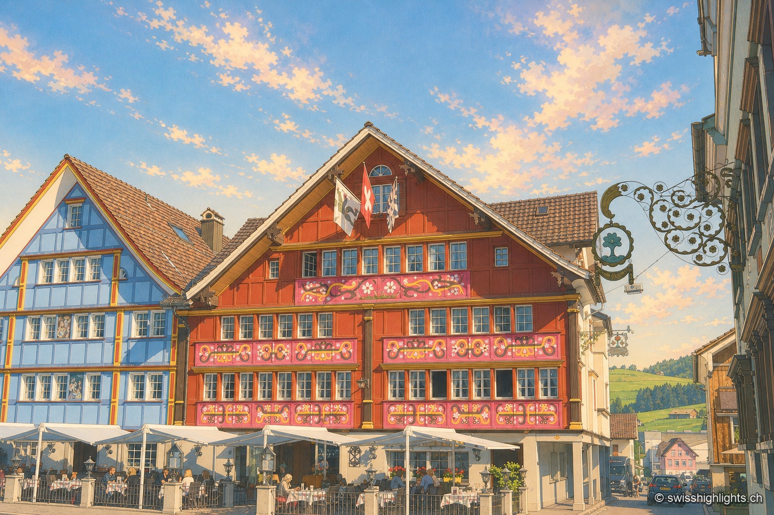 Le pignon peint de la maison de la pharmacie d'Appenzell, vu d'en bas : la rive de toit dessine une courbe inversée soulignée d'écailles bleues sur fond blanc, deux registres de panneaux blancs portent chacun une plante peinte, les fenêtres à petits carreaux et vitraux ronds occupent l'entre-deux, et des jardinières fleuries ferment le bas du cadre.