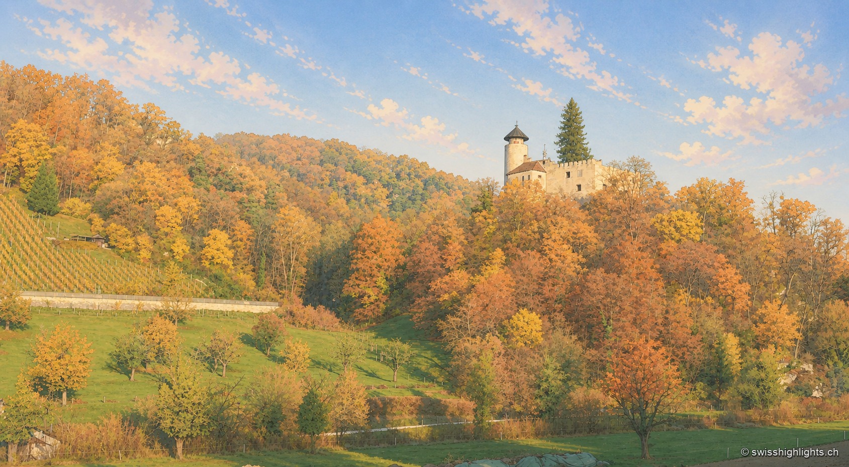 Étang de l'Ermitage d'Arlesheim en automne : une passerelle de bois blanche s'avance sur l'eau couverte de nénuphars, devant un versant boisé aux feuillages jaunes, orange et rouges.