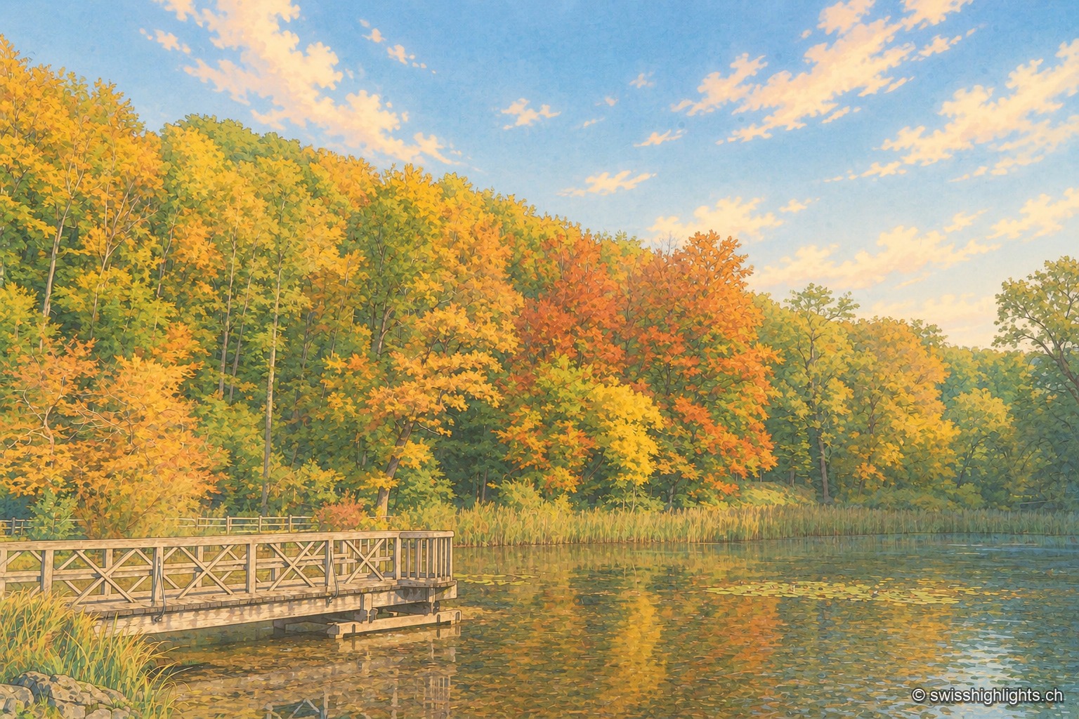 Étang de l'Ermitage d'Arlesheim en automne : une passerelle de bois blanche s'avance sur l'eau couverte de nénuphars, devant un versant boisé aux feuillages jaunes, orange et rouges.