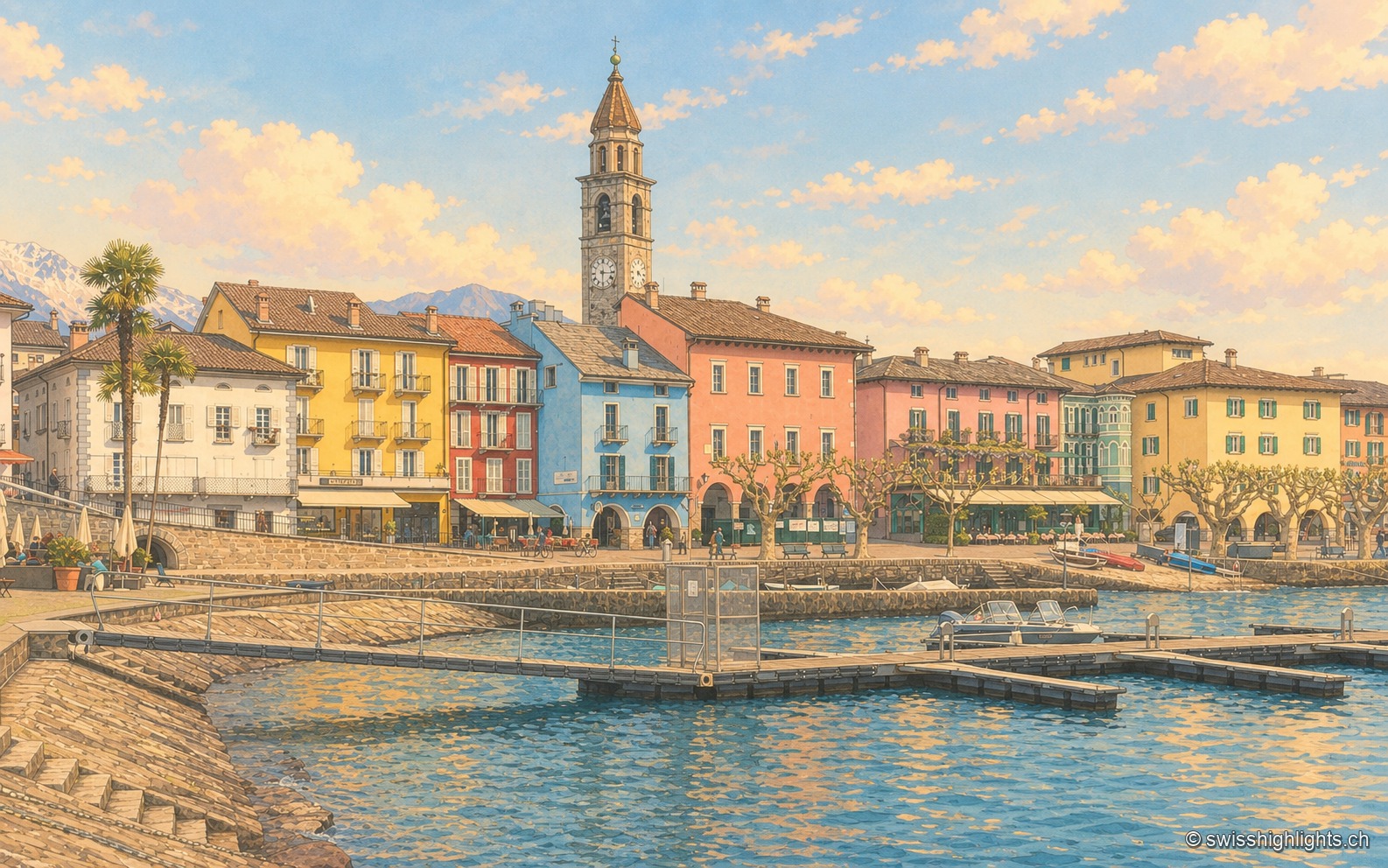 Le front de lac d'Ascona vu depuis un ponton : une rangée de maisons jaunes, rouges, bleues et roses bordant la Piazza Motta, le campanile de l'église Santi Pietro e Paolo au centre, un palmier à gauche et les montagnes du lac Majeur à l'arrière-plan.
