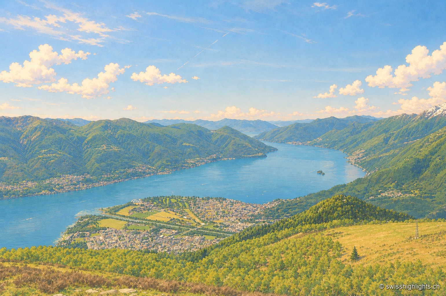 Le front de lac d'Ascona vu depuis un ponton : une rangée de maisons jaunes, rouges, bleues et roses bordant la Piazza Motta, le campanile de l'église Santi Pietro e Paolo au centre, un palmier à gauche et les montagnes du lac Majeur à l'arrière-plan.