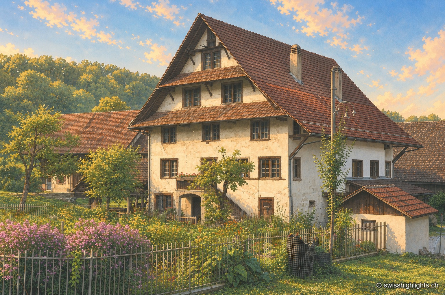 La Mühle de l'Aumüli et ses dépendances : haute façade blanchie à colombages sous un large toit de tuiles brunes à forte pente et débord généreux, entourée d'un jardin clôturé où poussent des buddléias mauves, avec la forêt du versant sud de l'Albis en arrière-plan.
