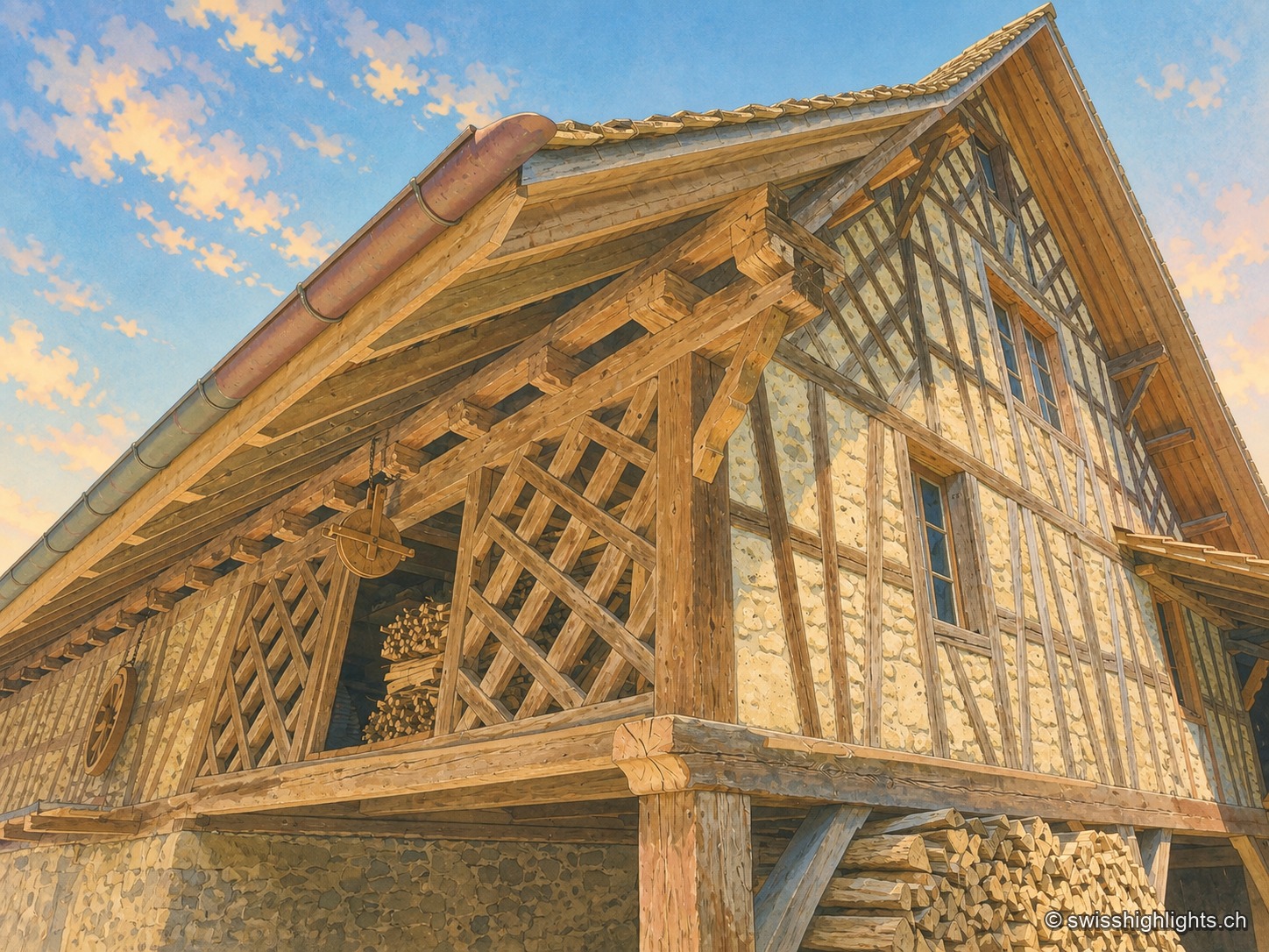 La Mühle de l'Aumüli et ses dépendances : haute façade blanchie à colombages sous un large toit de tuiles brunes à forte pente et débord généreux, entourée d'un jardin clôturé où poussent des buddléias mauves, avec la forêt du versant sud de l'Albis en arrière-plan.