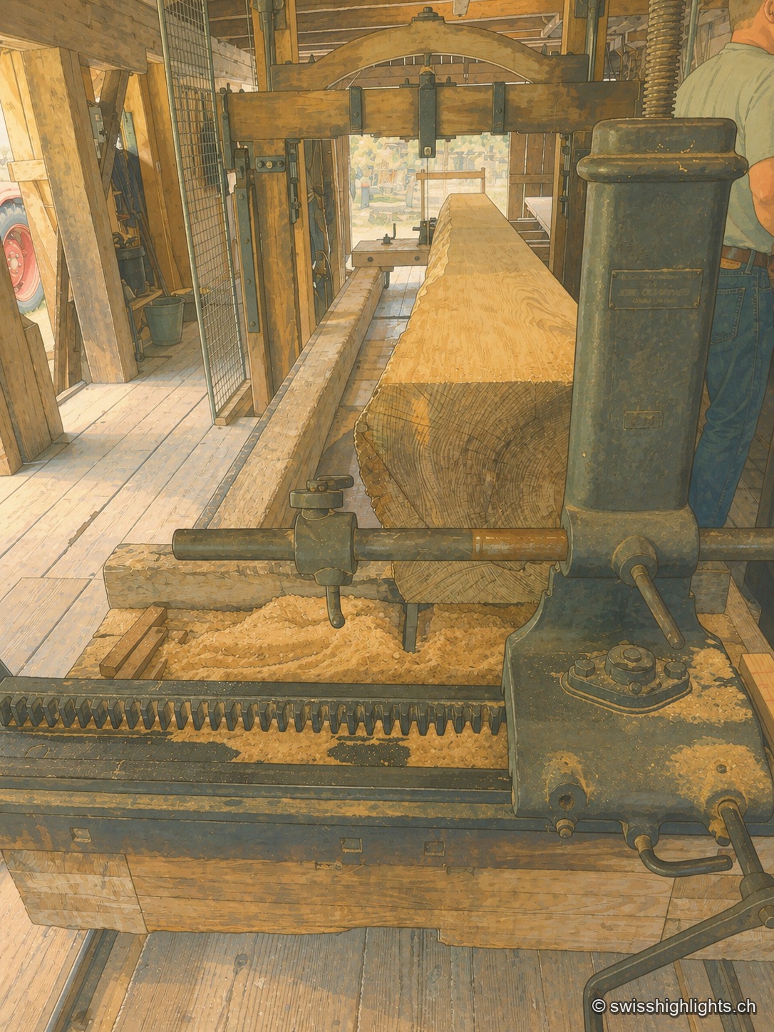 La Mühle de l'Aumüli et ses dépendances : haute façade blanchie à colombages sous un large toit de tuiles brunes à forte pente et débord généreux, entourée d'un jardin clôturé où poussent des buddléias mauves, avec la forêt du versant sud de l'Albis en arrière-plan.