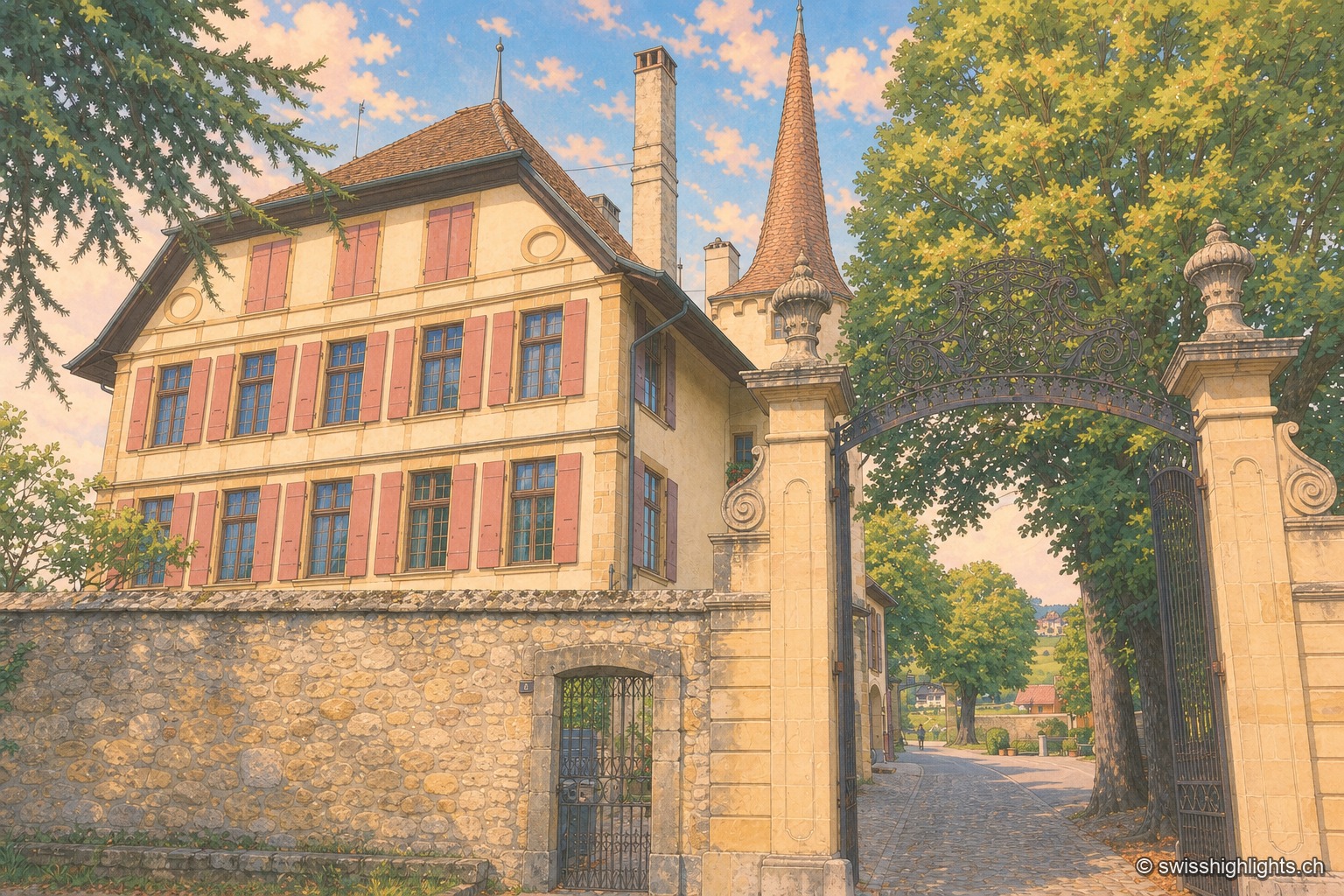 La place pavée d'Auvernier sous un ciel d'orage : au centre, une fontaine à colonne de pierre et son long bassin ; à gauche, des façades ocre rouge et jaune à volets bleus le long d'une ruelle qui descend ; à droite, un mur de pierre jaune portant en grandes lettres peintes « Coste — vins en gros » ; derrière les toits de tuiles, une flèche d'ardoise et des nuages sombres.