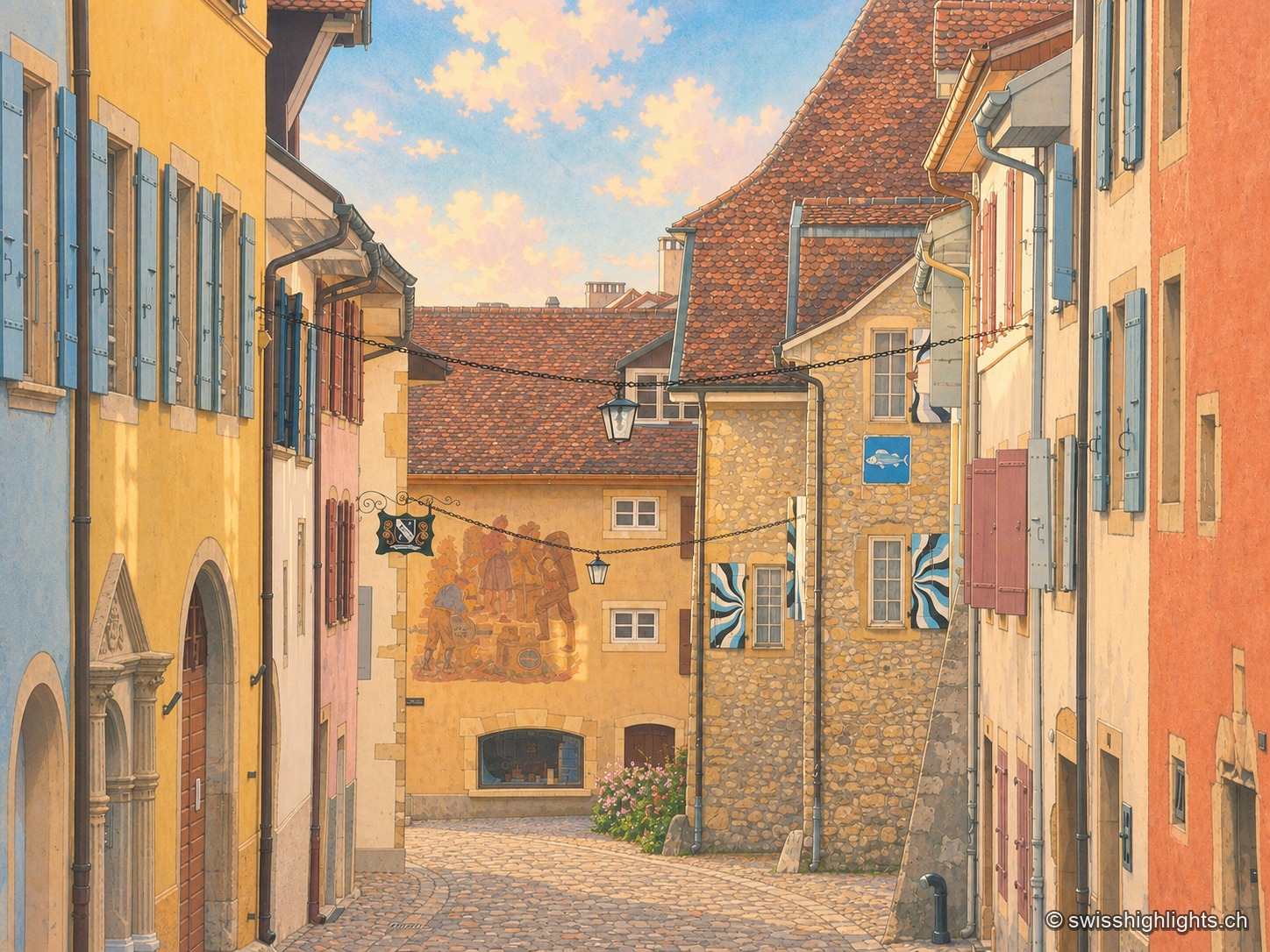 La place pavée d'Auvernier sous un ciel d'orage : au centre, une fontaine à colonne de pierre et son long bassin ; à gauche, des façades ocre rouge et jaune à volets bleus le long d'une ruelle qui descend ; à droite, un mur de pierre jaune portant en grandes lettres peintes « Coste — vins en gros » ; derrière les toits de tuiles, une flèche d'ardoise et des nuages sombres.