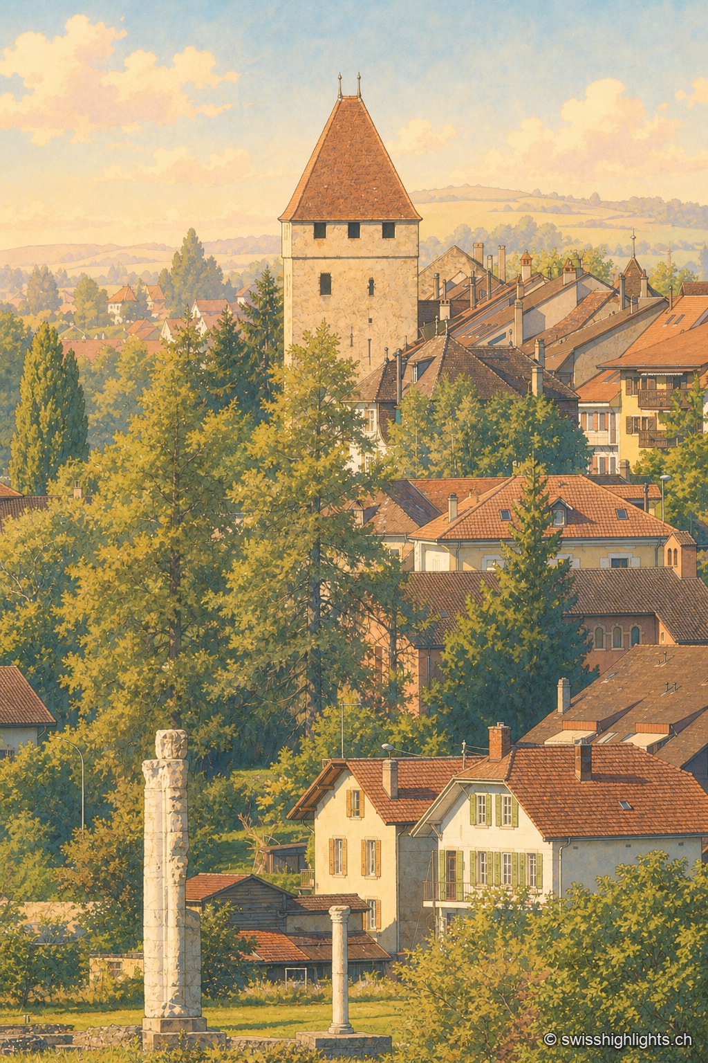 Vue en fin d'après-midi sur la vieille ville d'Avenches : au premier plan, deux colonnes romaines dressées dans l'herbe, vestiges du sanctuaire du Cigognier ; au-delà des toits, la Tornallaz, tour carrée à toit pointu de la muraille antique, domine les maisons vaudoises aux façades claires et volets colorés.