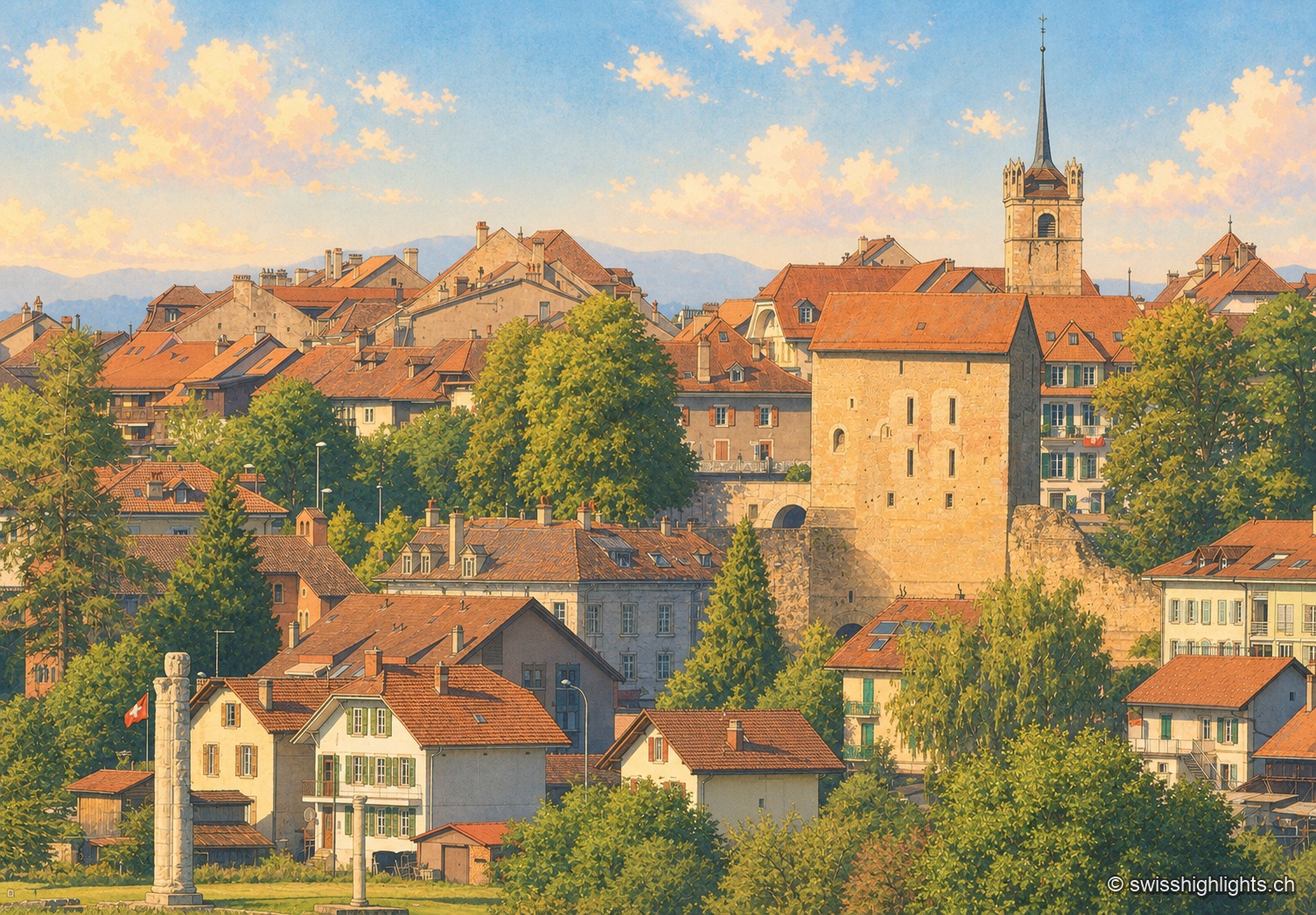 Vue en fin d'après-midi sur la vieille ville d'Avenches : au premier plan, deux colonnes romaines dressées dans l'herbe, vestiges du sanctuaire du Cigognier ; au-delà des toits, la Tornallaz, tour carrée à toit pointu de la muraille antique, domine les maisons vaudoises aux façades claires et volets colorés.