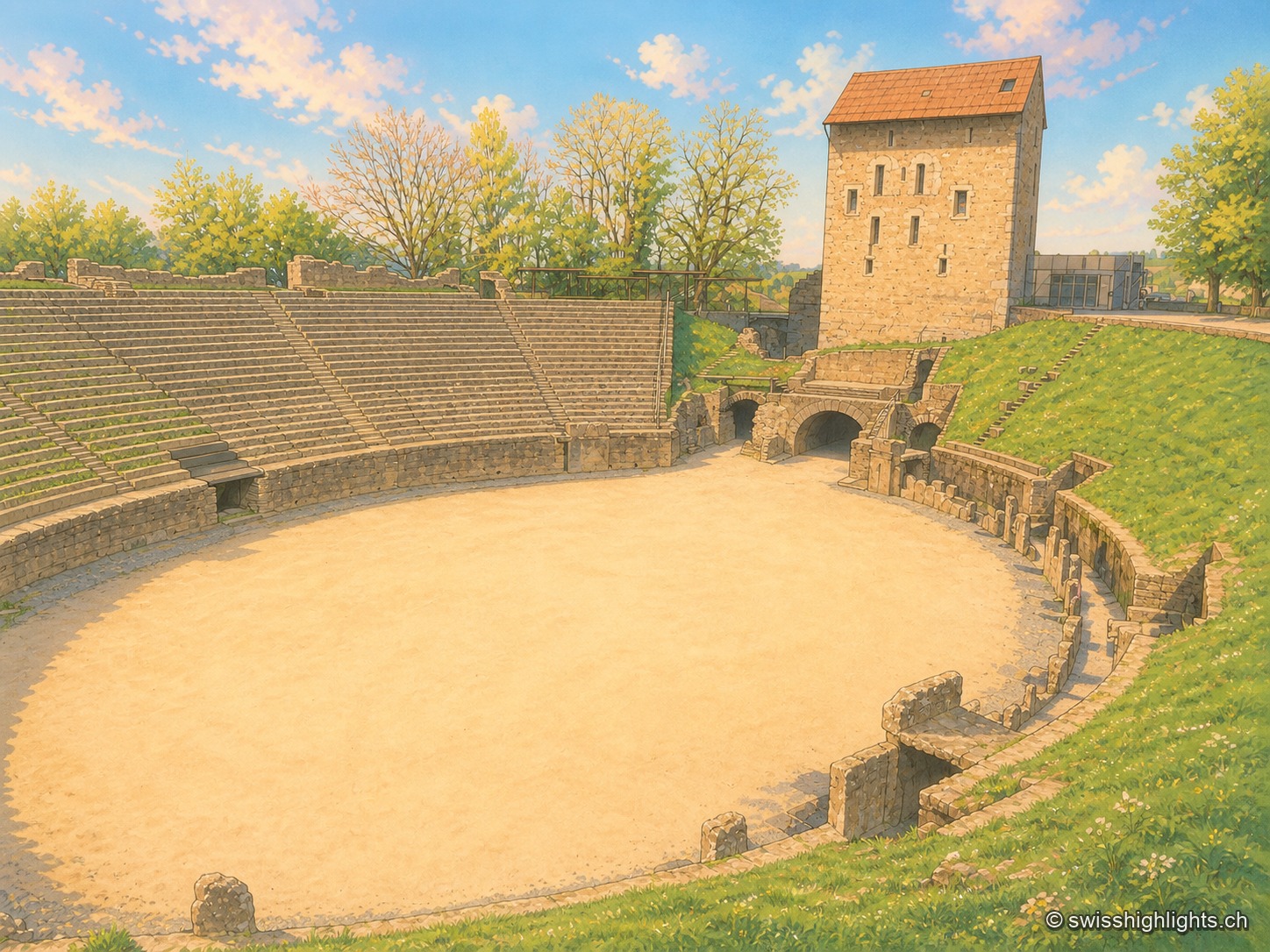 Vue en fin d'après-midi sur la vieille ville d'Avenches : au premier plan, deux colonnes romaines dressées dans l'herbe, vestiges du sanctuaire du Cigognier ; au-delà des toits, la Tornallaz, tour carrée à toit pointu de la muraille antique, domine les maisons vaudoises aux façades claires et volets colorés.