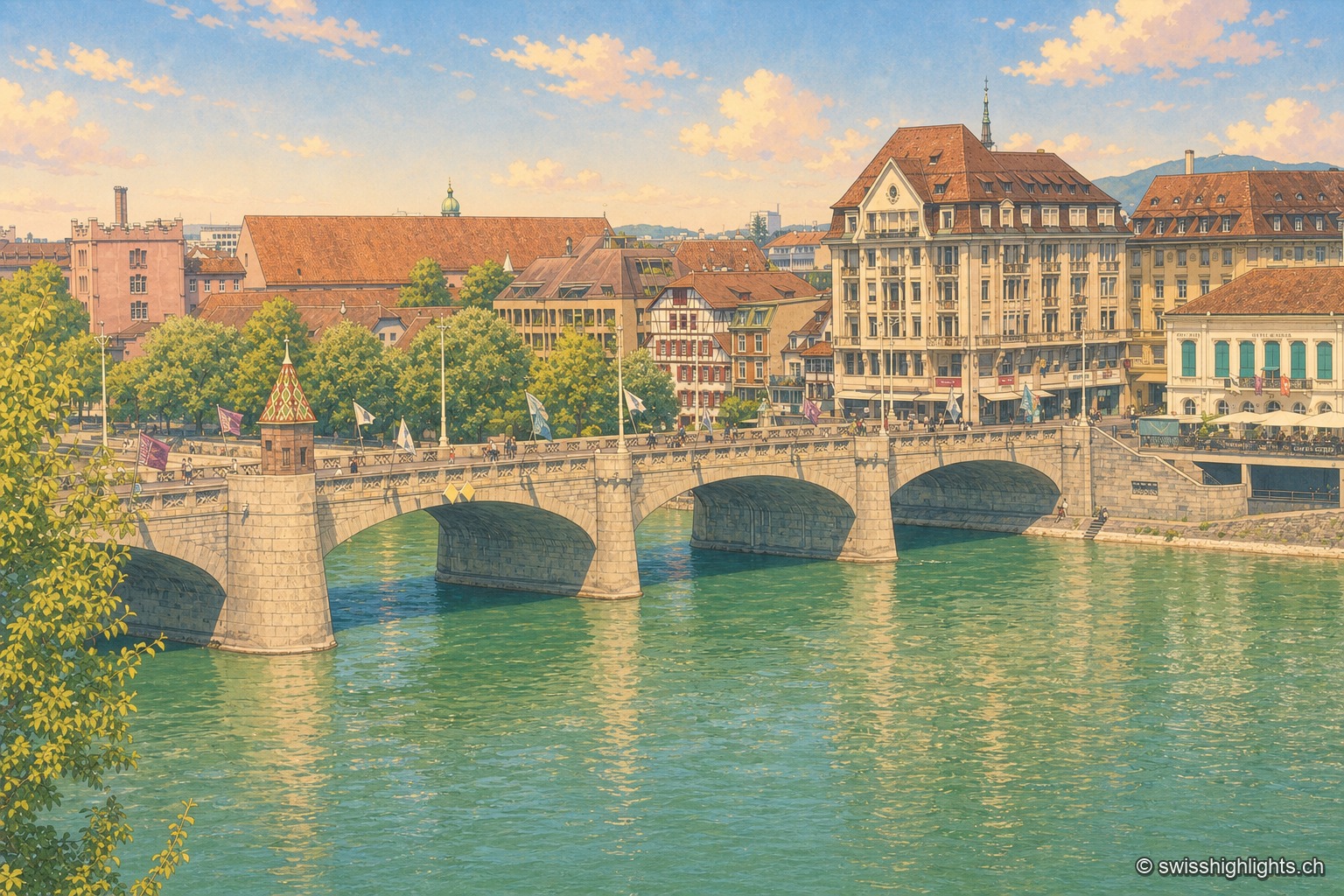 Le Rhin vu depuis un pont, par temps clair : sur la rive gauche, la cathédrale de grès rouge dresse ses deux flèches et son toit de tuiles vernissées au-dessus d'un mur de quai et d'un rideau d'arbres ; les façades claires de la vieille ville s'alignent ensuite le long de l'eau jusqu'aux arches d'un pont qui ferme la perspective ; au premier plan à droite, quelques barques blanches sont amarrées le long de la rive, sous un ciel bleu sans nuage.