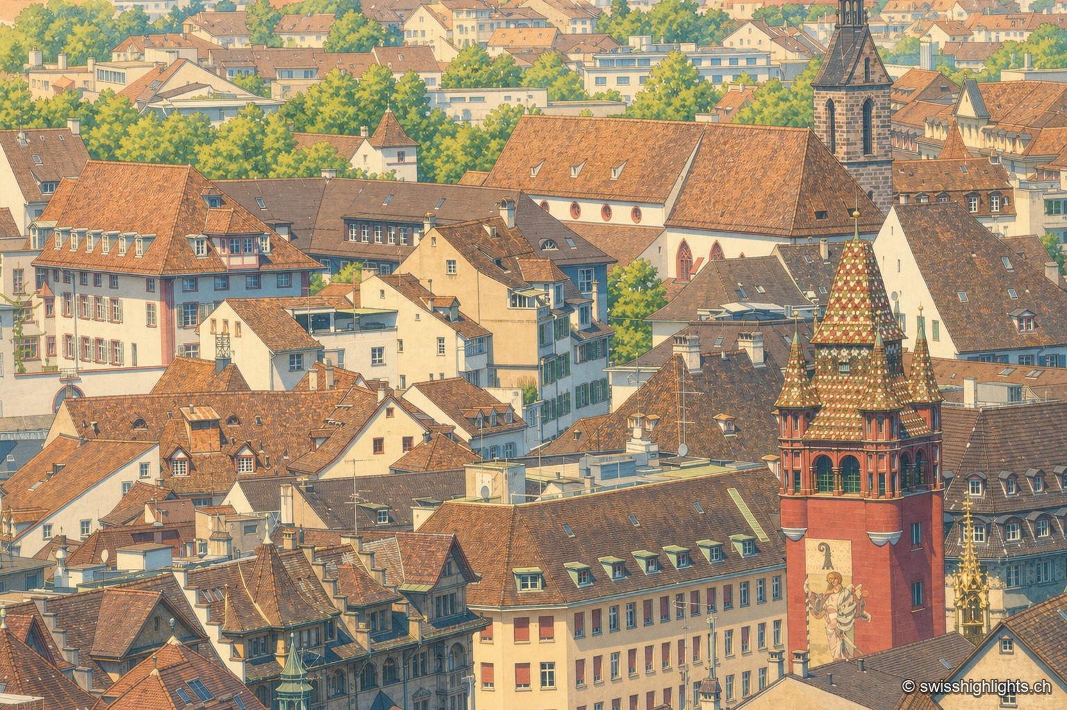 Le Rhin vu depuis un pont, par temps clair : sur la rive gauche, la cathédrale de grès rouge dresse ses deux flèches et son toit de tuiles vernissées au-dessus d'un mur de quai et d'un rideau d'arbres ; les façades claires de la vieille ville s'alignent ensuite le long de l'eau jusqu'aux arches d'un pont qui ferme la perspective ; au premier plan à droite, quelques barques blanches sont amarrées le long de la rive, sous un ciel bleu sans nuage.
