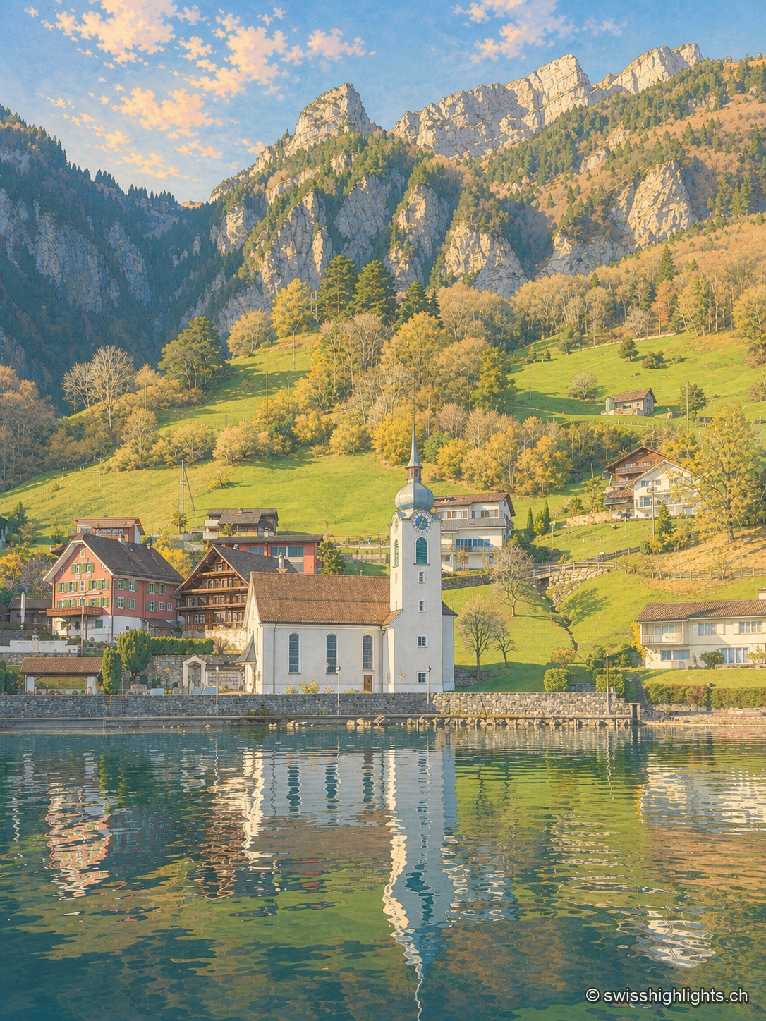 Vue plongeante en été depuis un chemin de pierre bordé d'une rambarde en bois, descendant vers le village de Bauen niché au bord du lac des Quatre-Cantons ; le clocher à bulbe de l'église Sainte-Ida se détache parmi les toits, face à l'eau turquoise du lac que ferment des falaises boisées et des sommets rocheux sous un ciel bleu parsemé de nuages.