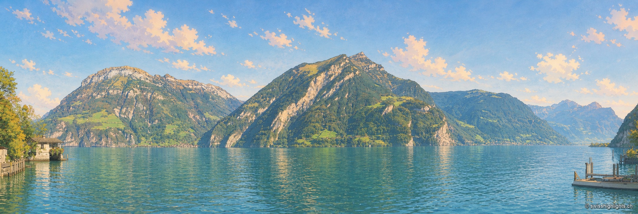 Vue plongeante en été depuis un chemin de pierre bordé d'une rambarde en bois, descendant vers le village de Bauen niché au bord du lac des Quatre-Cantons ; le clocher à bulbe de l'église Sainte-Ida se détache parmi les toits, face à l'eau turquoise du lac que ferment des falaises boisées et des sommets rocheux sous un ciel bleu parsemé de nuages.