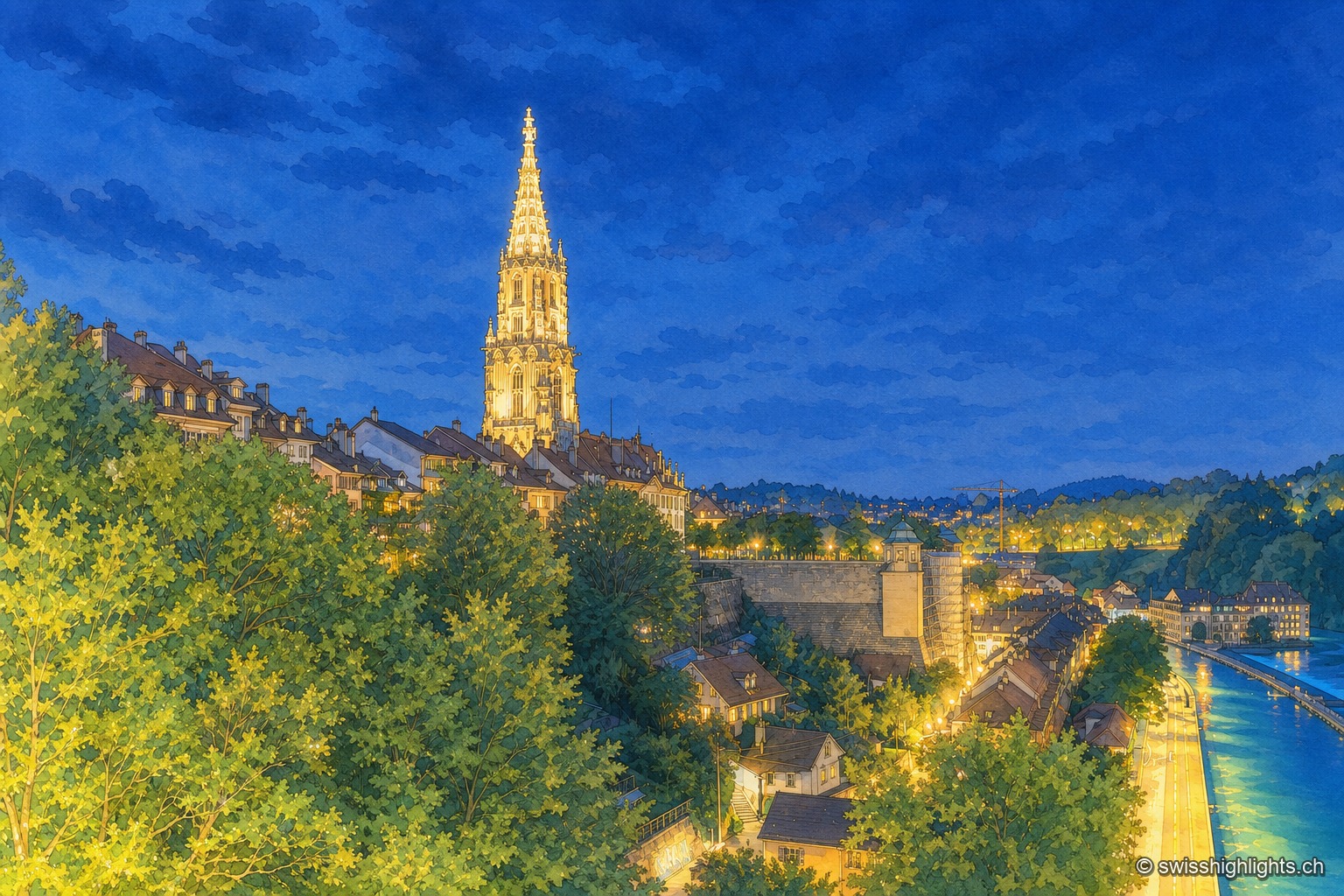 La Kramgasse à Berne, bordée d'immeubles de grès à arcades : au premier plan le Zähringerbrunnen, fontaine peinte surmontée d'un ours en armure, et au fond la tour du Zytglogge avec son cadran doré et sa flèche verte.