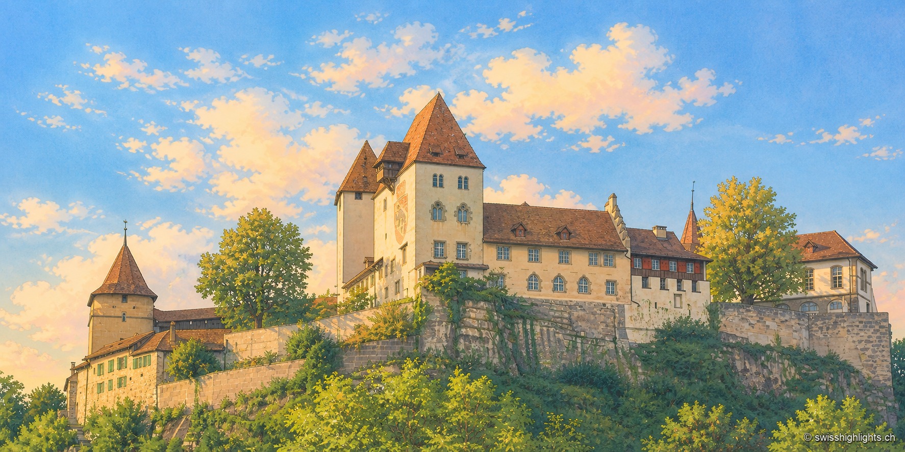Le château de Berthoud vu d'en bas, en fin de journée : posé sur un ressaut rocheux couvert de végétation, un donjon carré à toit pentu, un corps de logis clair aux volets bleus et une tour ronde coiffée de tuiles, sous un ciel bleu parcouru de nuages ; la lumière rasante éclaire les façades côté sud.