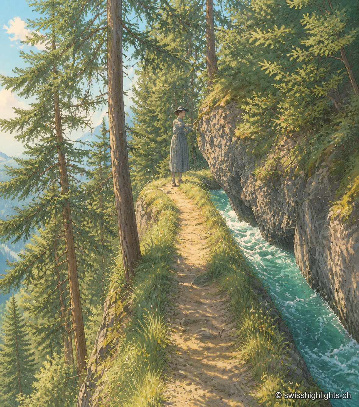 Photographie sur plaque de verre colorisée à la main, 1942 : une femme en robe et chapeau des années 1940 se tient au bord d'un sentier étroit taillé dans la roche, au tournant d'une gorge, une main posée sur la paroi ; en contrebas, un torrent turquoise écumeux se précipite entre les rochers ; des mélèzes et des sapins encadrent la scène de part et d'autre, avec un coin de ciel bleu visible en haut à gauche.