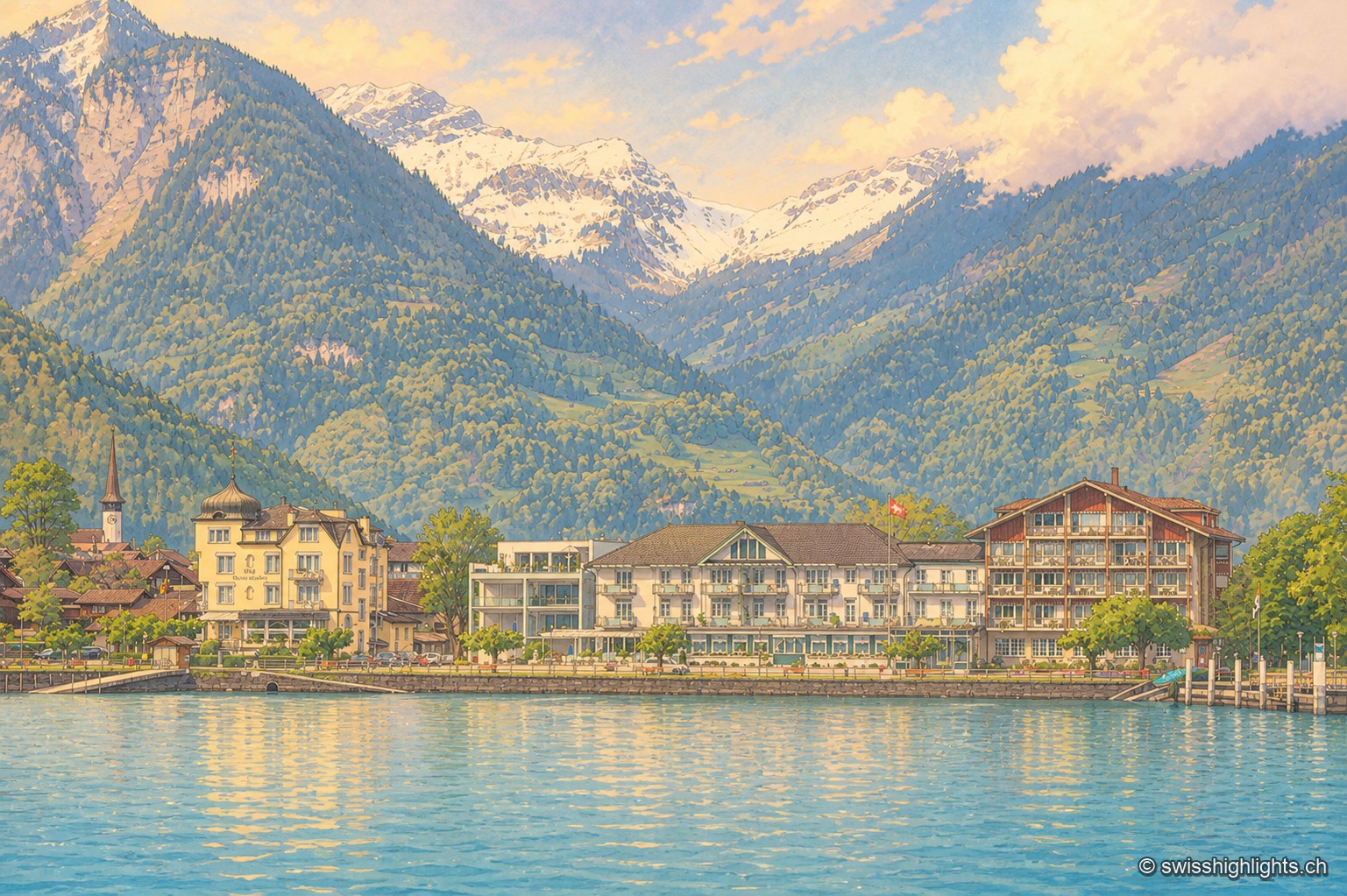 Vue aérienne depuis le Harderkulm sur le village de Bönigen, niché à l'embouchure turquoise de la Lütschine dans le lac de Brienz ; les toits du village s'alignent entre l'eau turquoise et des prés verts, au pied de versants abrupts entièrement boisés qui montent vers le fond de la vallée.