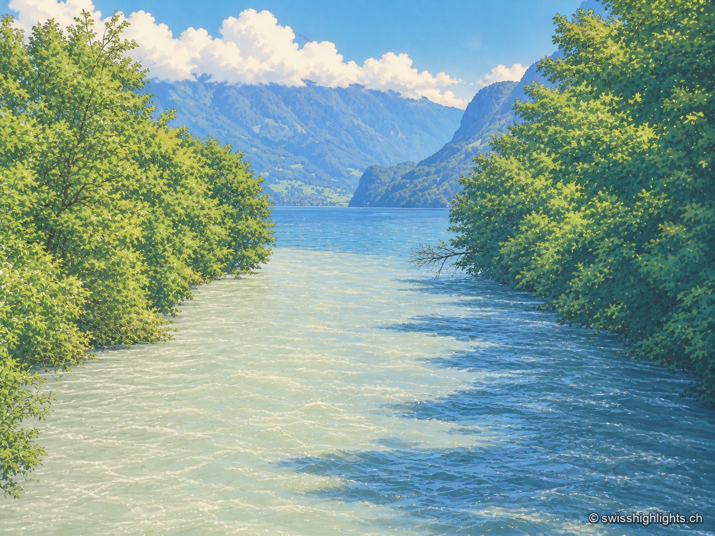 Vue aérienne depuis le Harderkulm sur le village de Bönigen, niché à l'embouchure turquoise de la Lütschine dans le lac de Brienz ; les toits du village s'alignent entre l'eau turquoise et des prés verts, au pied de versants abrupts entièrement boisés qui montent vers le fond de la vallée.
