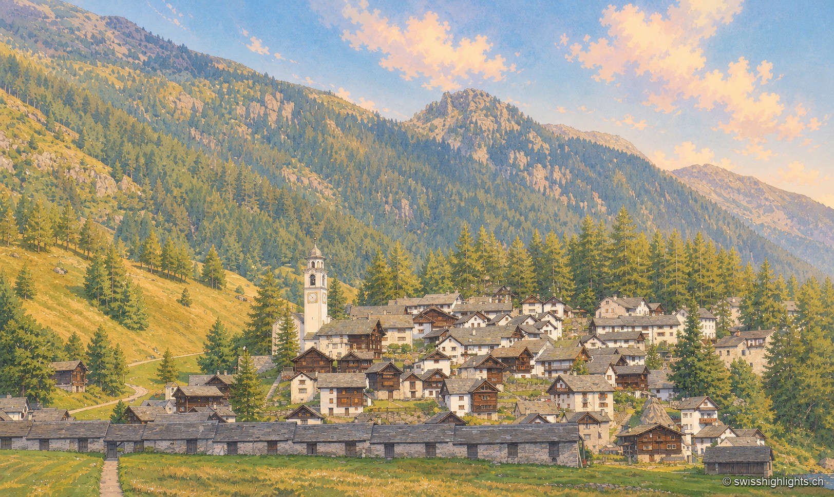 Au premier plan un muret de pierres sèches et un pré de pissenlits en fleur ; derrière, les maisons de Bosco/Gurin, crépies de blanc et couvertes de larges dalles de pierre, s'alignent autour du clocher à bulbe de l'église ; au fond, des mélèzes clairs et deux crêtes encore enneigées sous un ciel de mai.