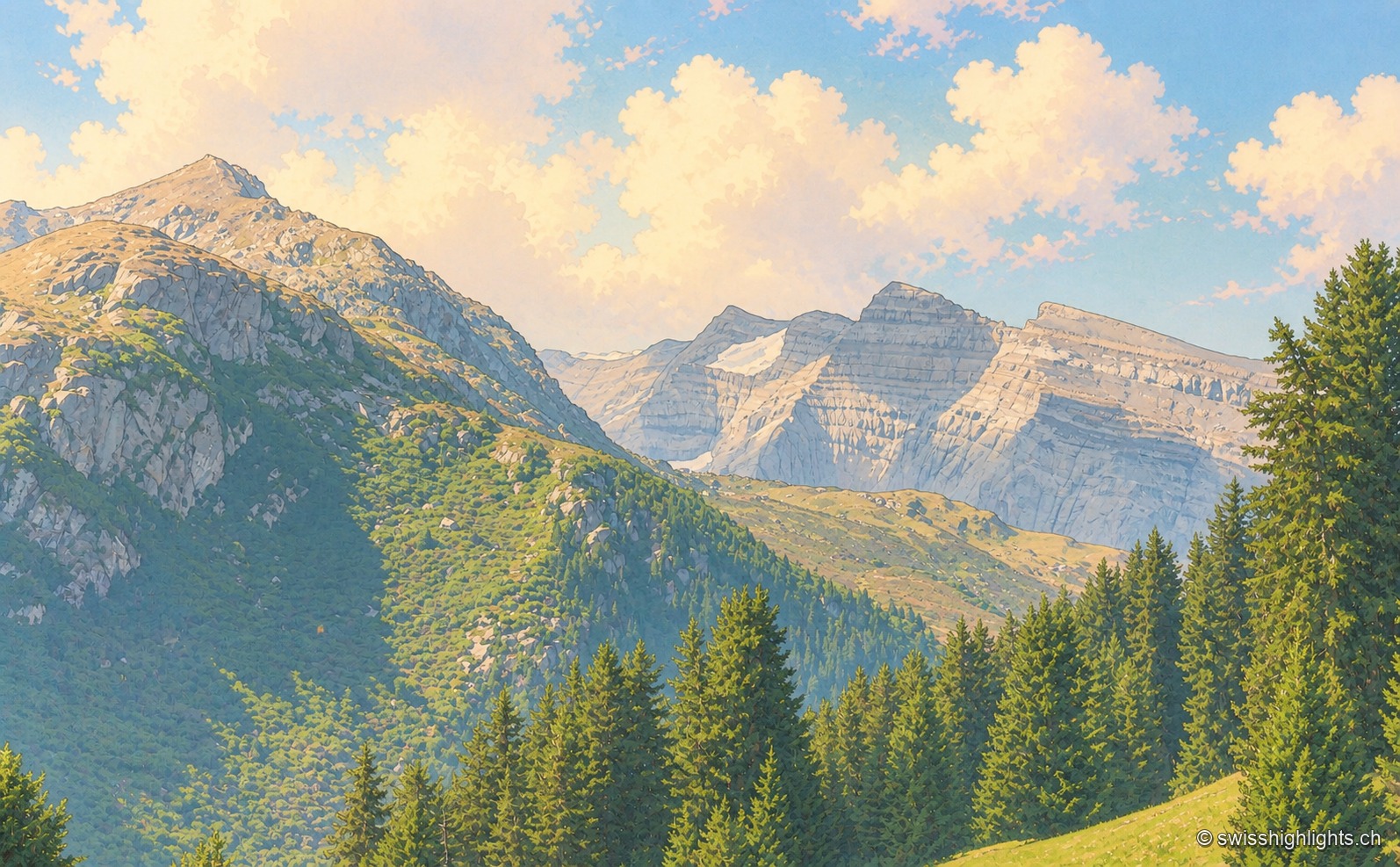 Vue d'été prise du versant opposé, au-dessus de la forêt : le village de Breil/Brigels s'étale sur sa terrasse d'herbe et de bois, maisons claires groupées le long de la pente, avec un petit lac turquoise à sa gauche ; en avant, des sapins descendent vers le vide de la vallée du Rhin antérieur, et au fond les chaînes de la Surselva s'étagent sous un ciel de cumulus.