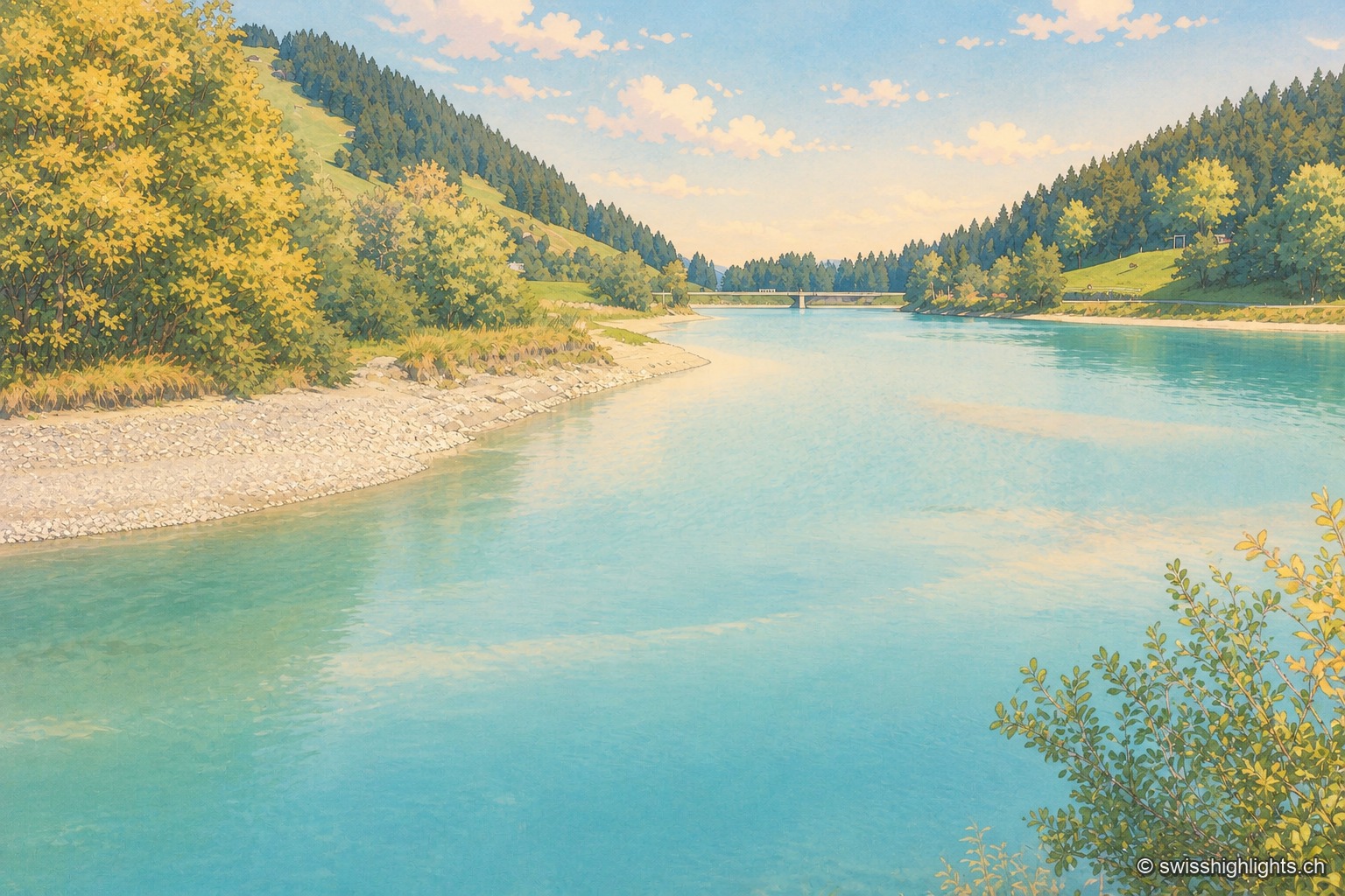 Vue d'été prise du versant opposé, au-dessus de la forêt : le village de Breil/Brigels s'étale sur sa terrasse d'herbe et de bois, maisons claires groupées le long de la pente, avec un petit lac turquoise à sa gauche ; en avant, des sapins descendent vers le vide de la vallée du Rhin antérieur, et au fond les chaînes de la Surselva s'étagent sous un ciel de cumulus.
