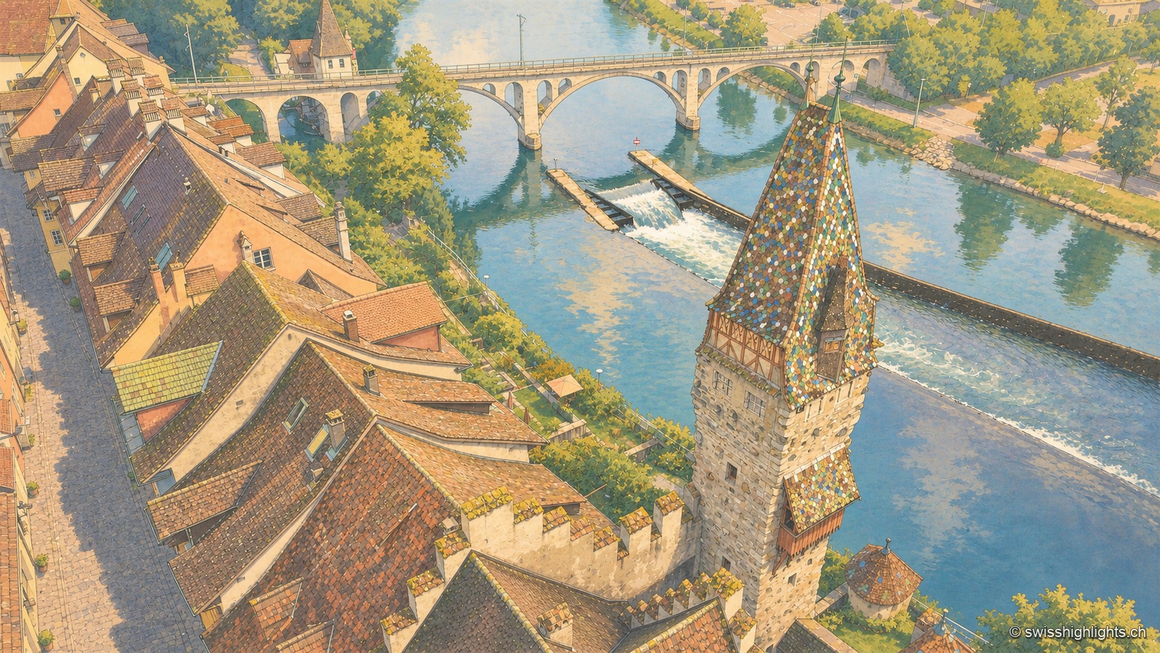 Panorama de Bremgarten depuis la rive opposée de la Reuss, en fin de journée d'automne : à gauche, un pont de bois couvert au long toit de tuiles franchit la rivière depuis une tour-porte blanche ; un seuil écumant barre le courant sur toute la largeur ; au-dessus du mur de berge, les maisons du bourg s'alignent en façades ocre, jaunes et blanches, dominées par une haute tour à horloge au toit rouge et par deux clochers. La rivière, lisse et sombre, reflète toute la ville dans la moitié inférieure de l'image.
