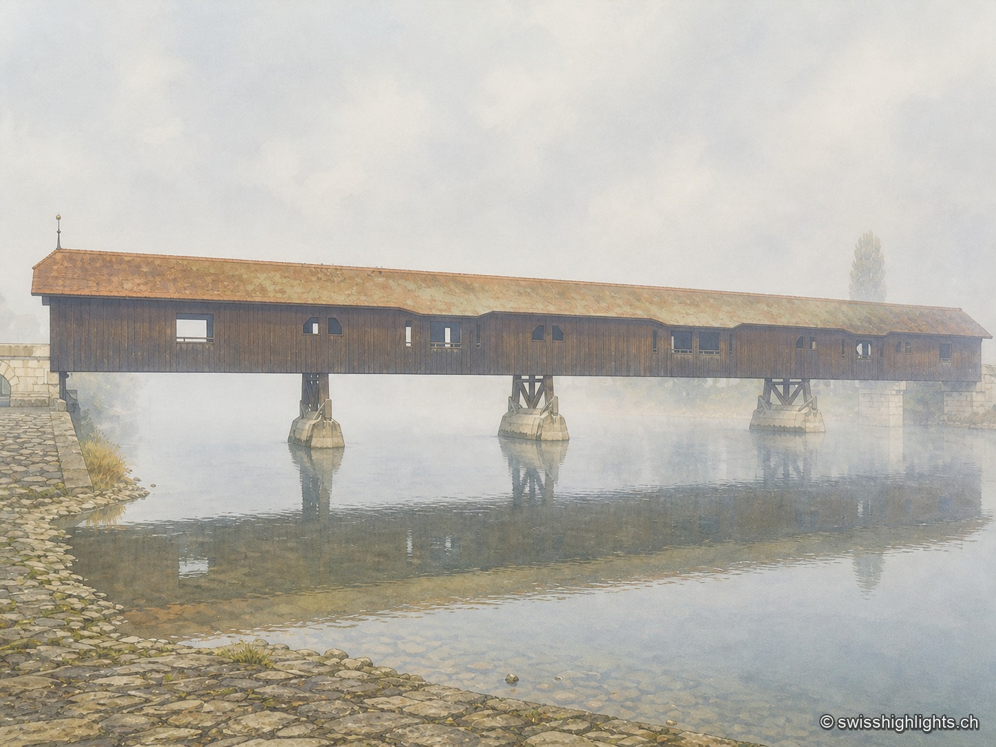 Le pont de bois couvert de Büren an der Aare vu de côté par un matin de brouillard : un long tablier de bois sombre sous un toit de tuiles ocre, porté par des piles maçonnées au milieu de l'Aare, dont la brume monte au-dessus de l'eau calme ; au premier plan, la berge dallée.