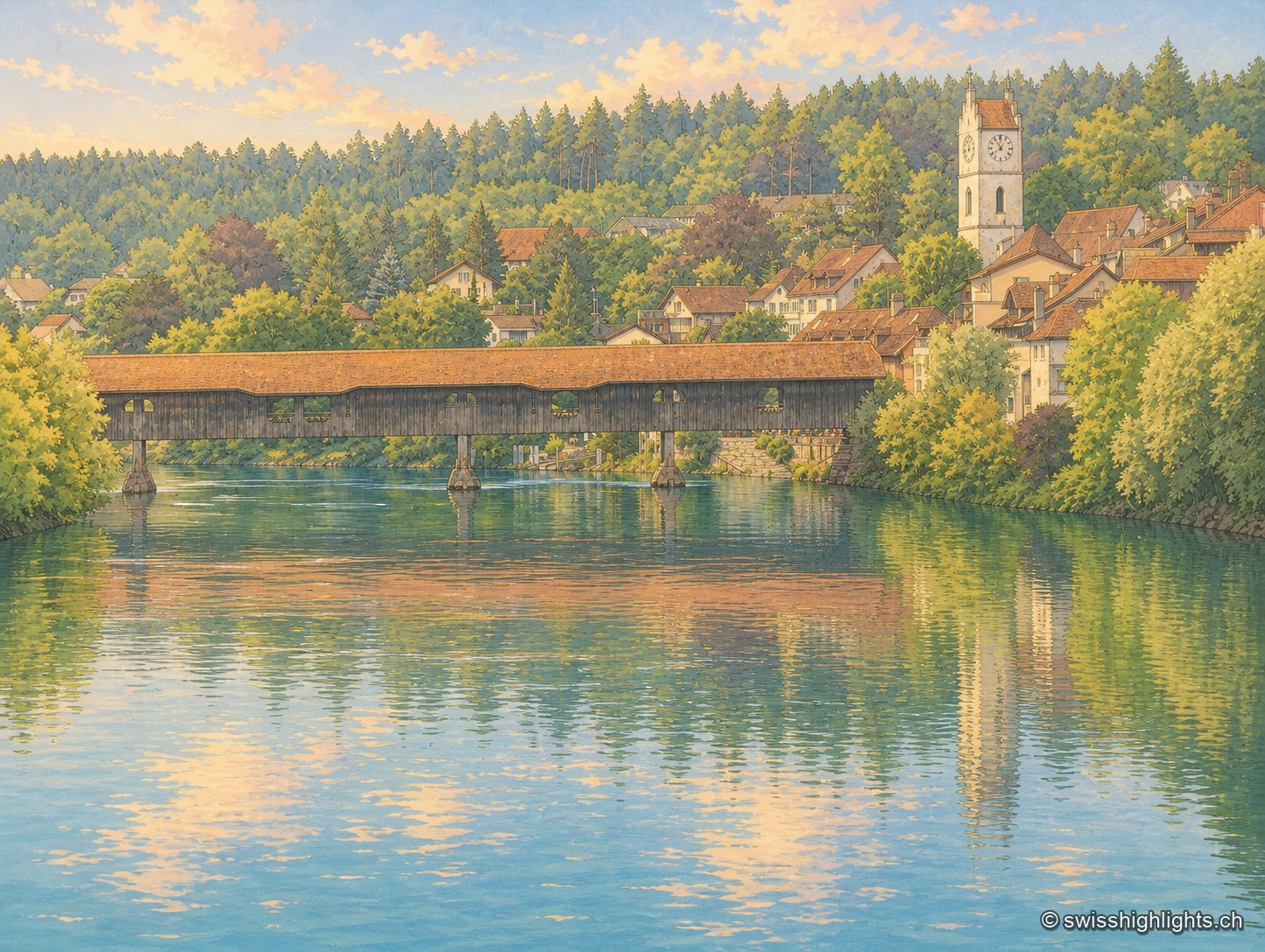 Le pont de bois couvert de Büren an der Aare vu de côté par un matin de brouillard : un long tablier de bois sombre sous un toit de tuiles ocre, porté par des piles maçonnées au milieu de l'Aare, dont la brume monte au-dessus de l'eau calme ; au premier plan, la berge dallée.