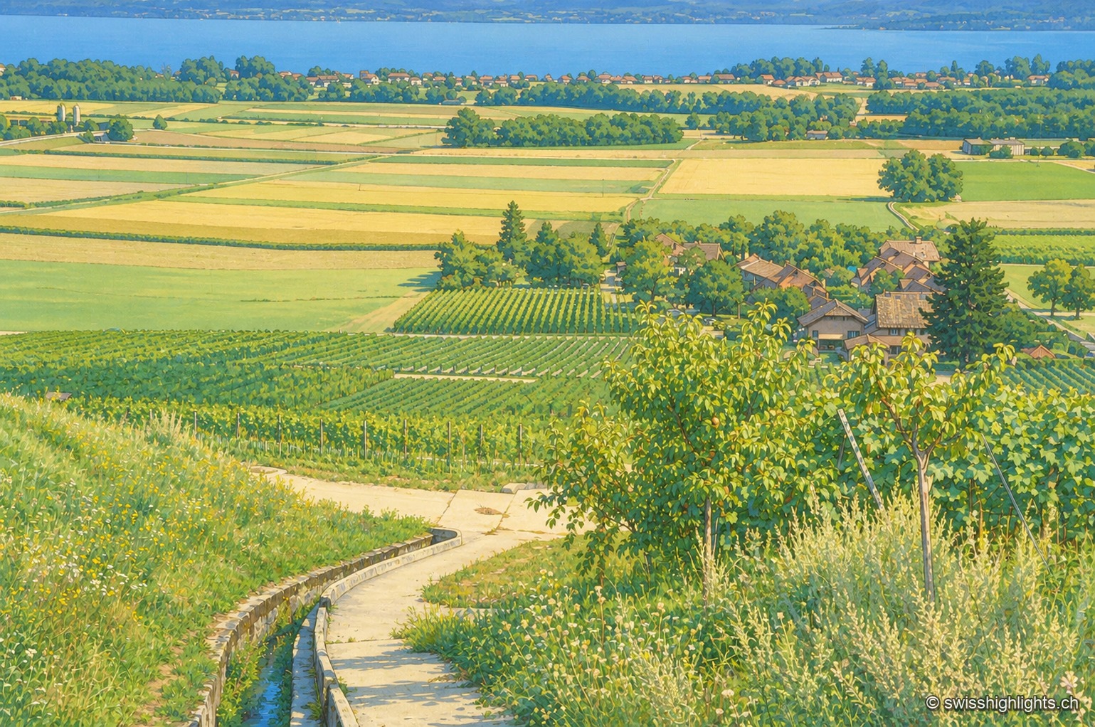 Le village de Bursins vu depuis les vignes, en fin de journée : des rangs de vigne occupent tout le premier plan, les maisons et le clocher se serrent au milieu du coteau, et derrière eux la plaine, le Léman et la rive opposée se perdent dans la brume de chaleur.
