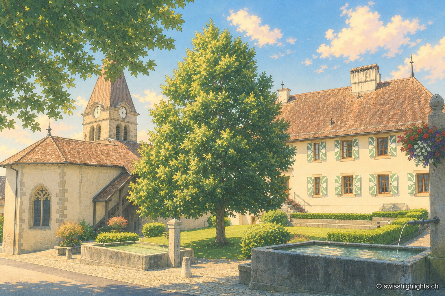 Le village de Bursins vu depuis les vignes, en fin de journée : des rangs de vigne occupent tout le premier plan, les maisons et le clocher se serrent au milieu du coteau, et derrière eux la plaine, le Léman et la rive opposée se perdent dans la brume de chaleur.