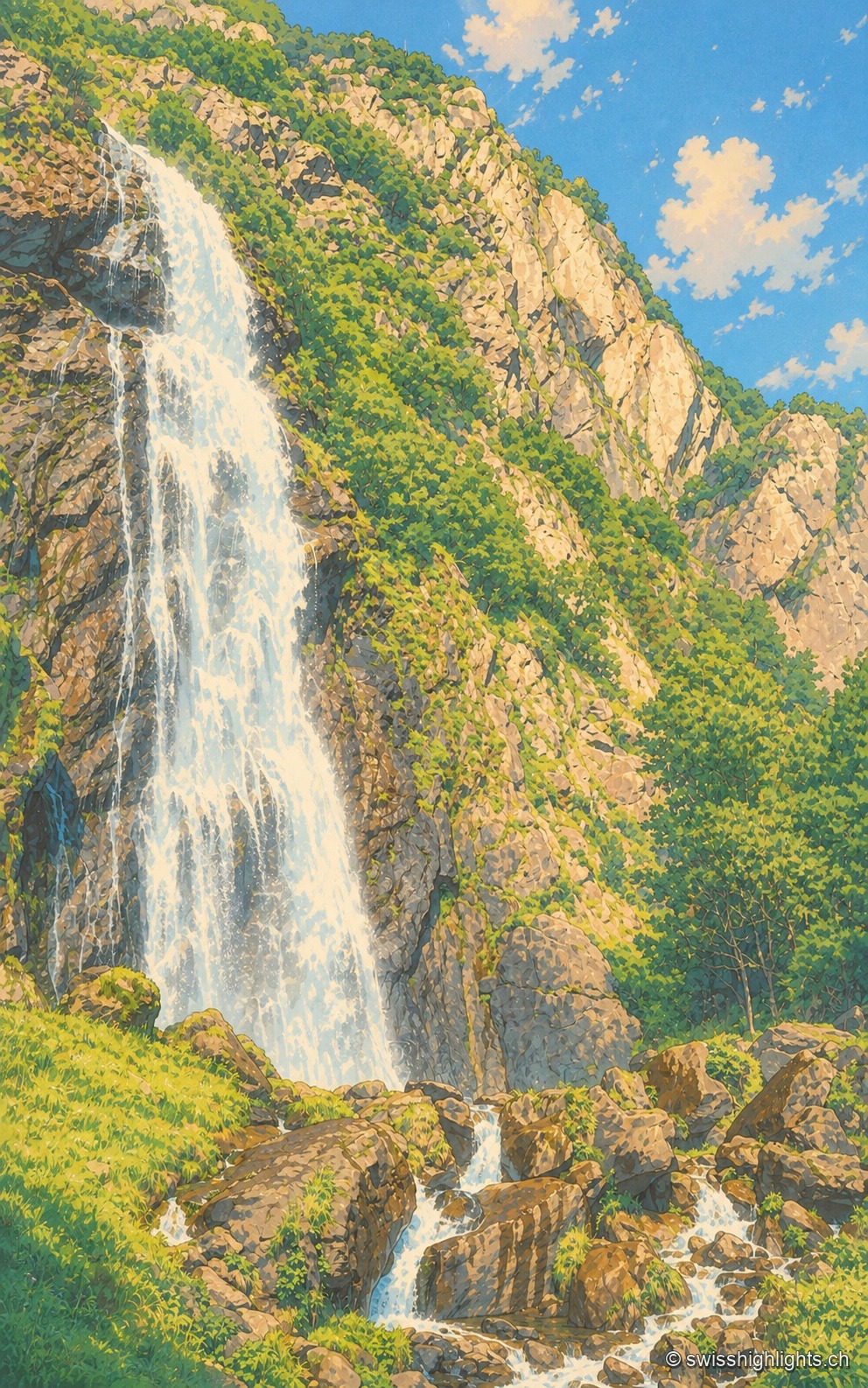 La cascade descend dans la moitié gauche du cadre en une longue nappe blanche plaquée contre une paroi de roche sombre veinée d'herbe ; à droite, le versant rocheux monte en plein soleil vers un ciel bleu sans nuage, et au premier plan l'eau ressort en filets entre des blocs bruns et des touffes vertes.