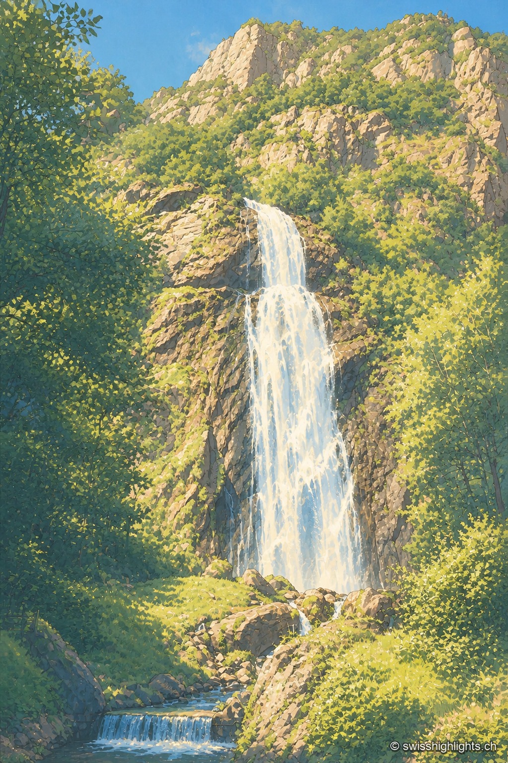 La cascade descend dans la moitié gauche du cadre en une longue nappe blanche plaquée contre une paroi de roche sombre veinée d'herbe ; à droite, le versant rocheux monte en plein soleil vers un ciel bleu sans nuage, et au premier plan l'eau ressort en filets entre des blocs bruns et des touffes vertes.