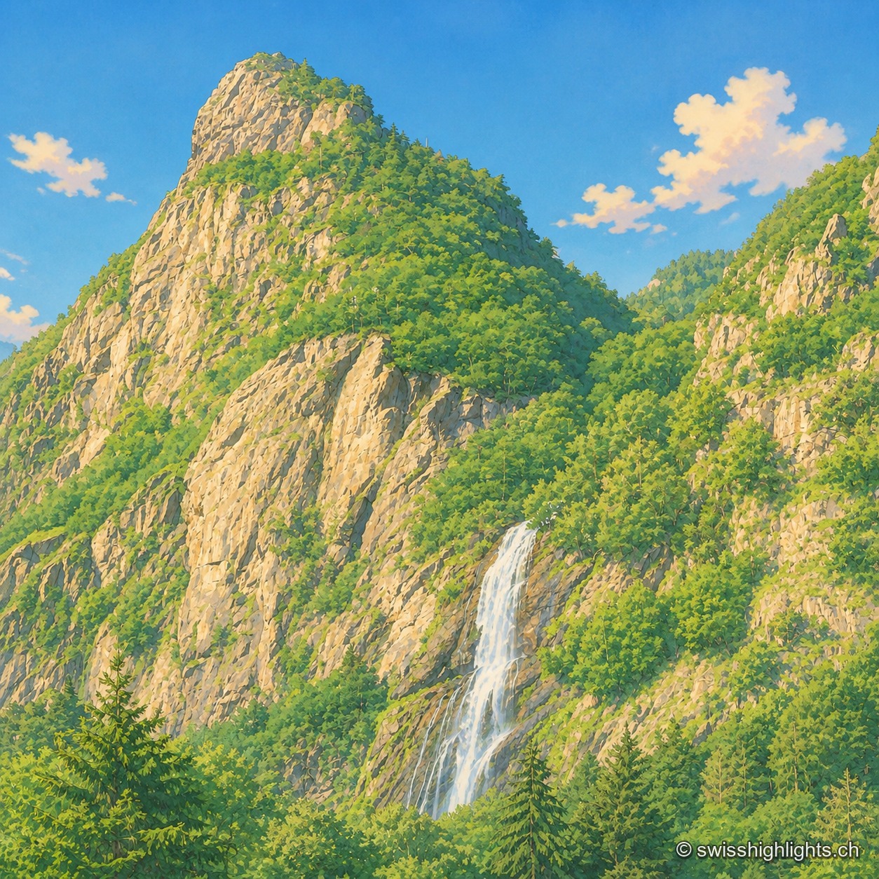 La cascade descend dans la moitié gauche du cadre en une longue nappe blanche plaquée contre une paroi de roche sombre veinée d'herbe ; à droite, le versant rocheux monte en plein soleil vers un ciel bleu sans nuage, et au premier plan l'eau ressort en filets entre des blocs bruns et des touffes vertes.