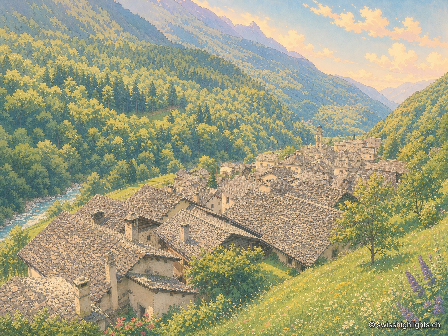 Vue plongeante depuis un coteau sur les toits de pierre du village, serrés autour d'un clocher, au creux d'une vallée boisée que ferment des sommets voilés de brume ; au premier plan, une prairie en fleurs et de hautes fleurs violettes bordent le point de vue.