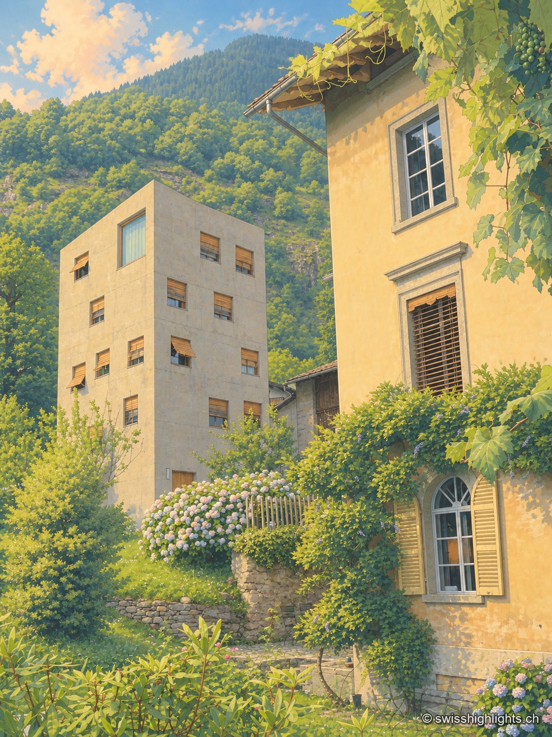 Vue plongeante depuis un coteau sur les toits de pierre du village, serrés autour d'un clocher, au creux d'une vallée boisée que ferment des sommets voilés de brume ; au premier plan, une prairie en fleurs et de hautes fleurs violettes bordent le point de vue.