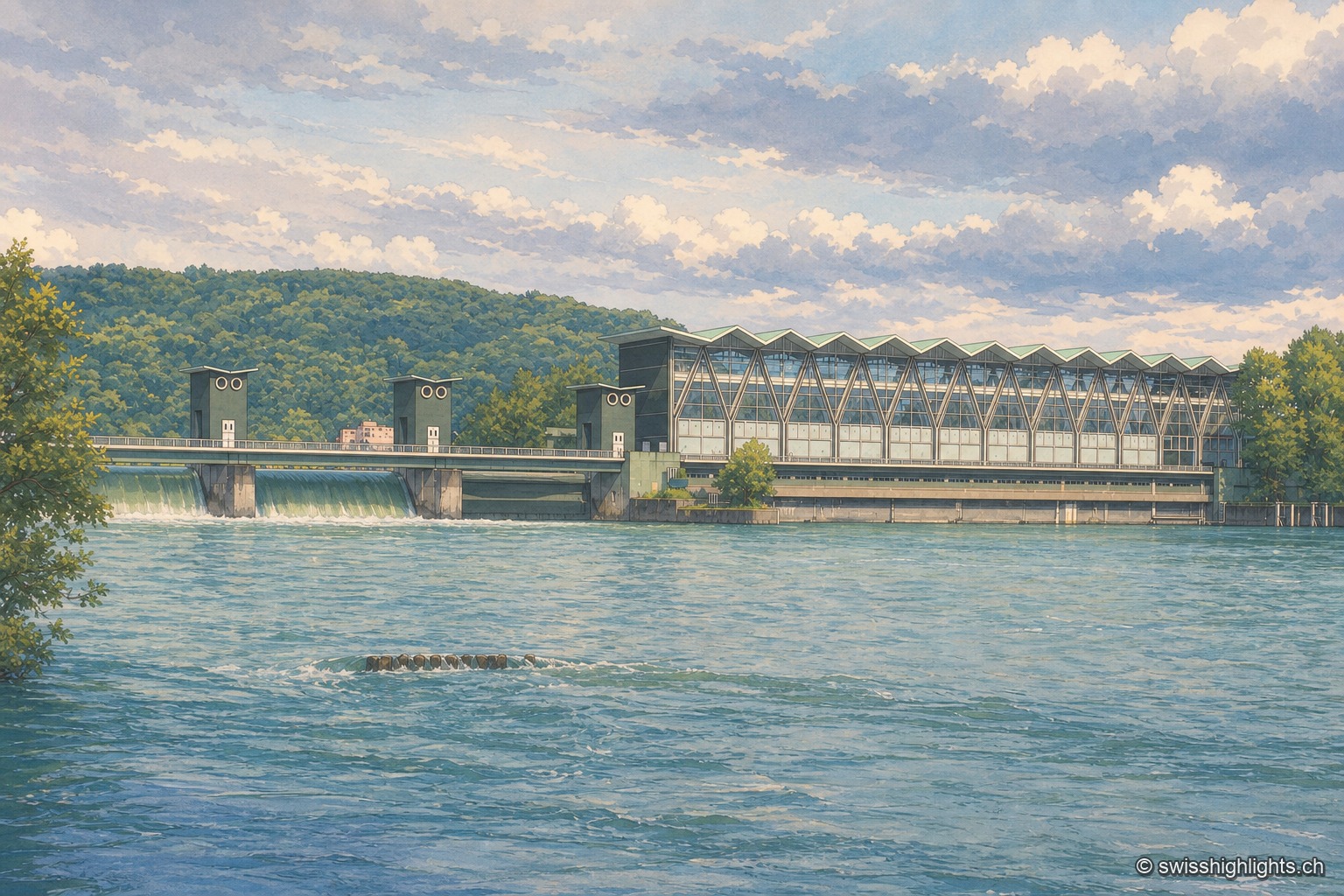 Depuis l'aval, en lumière chaude de fin de journée : la halle des machines s'étire au-dessus du Rhin sous une toiture en dents de scie, sa façade vitrée scandée de montants en V ; à gauche, deux piles du barrage portent des cabines vert sombre percées de deux ouvertures rondes, et le passage sur le barrage laisse voir quelques silhouettes. L'eau verte du fleuve, presque immobile, en renvoie le reflet.