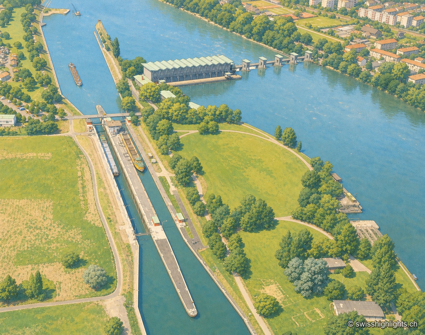 Depuis l'aval, en lumière chaude de fin de journée : la halle des machines s'étire au-dessus du Rhin sous une toiture en dents de scie, sa façade vitrée scandée de montants en V ; à gauche, deux piles du barrage portent des cabines vert sombre percées de deux ouvertures rondes, et le passage sur le barrage laisse voir quelques silhouettes. L'eau verte du fleuve, presque immobile, en renvoie le reflet.